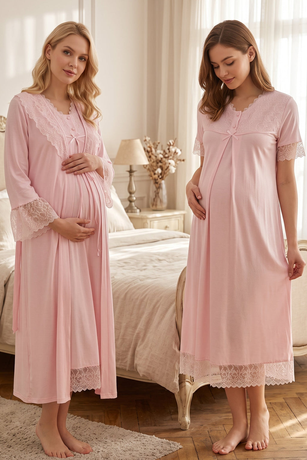 Lace Trim Maternity Feeding-Friendly Nightgown & Robe Set Pink - T5045