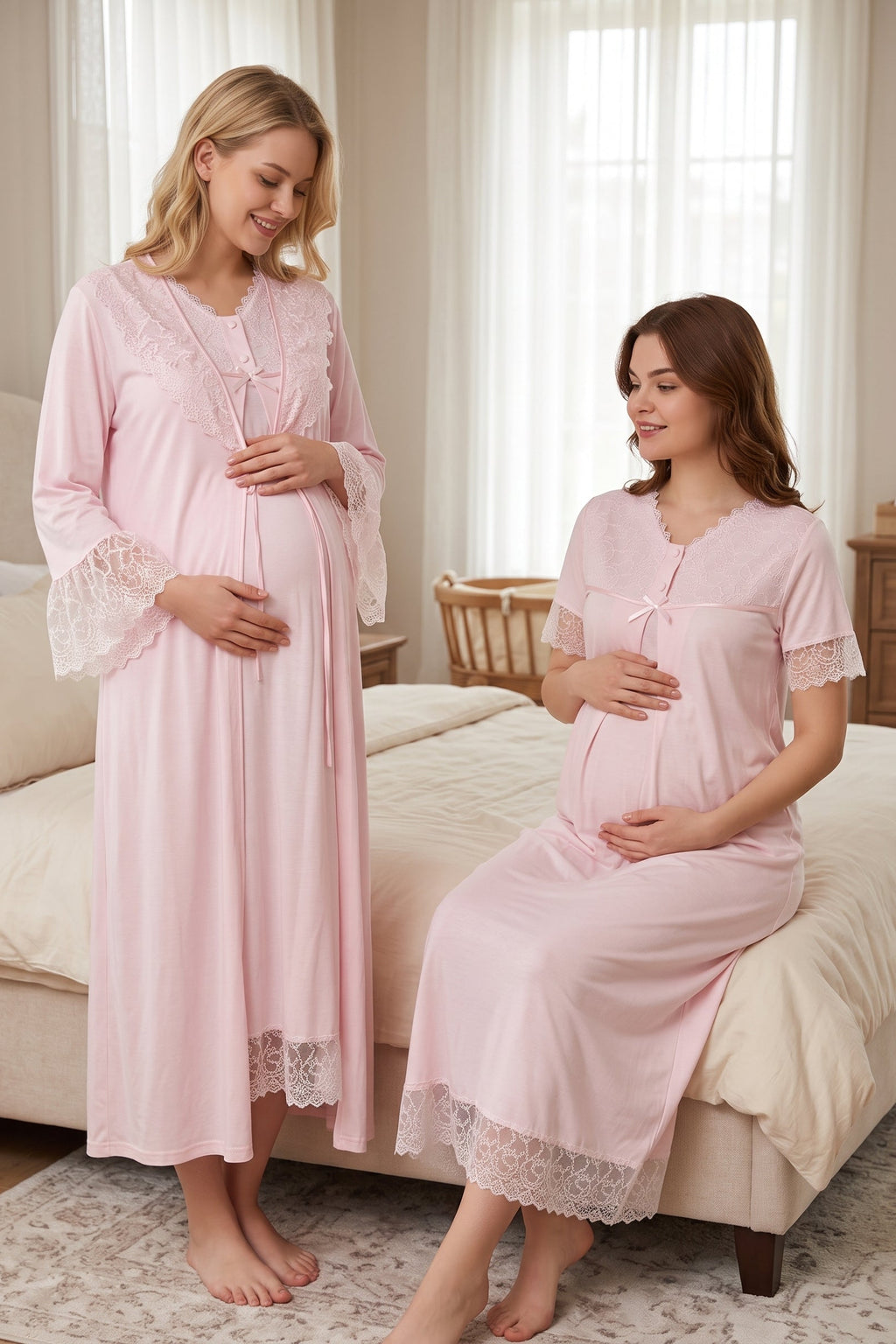 Lace Trim Maternity Feeding-Friendly Nightgown & Robe Set Pink - T5045