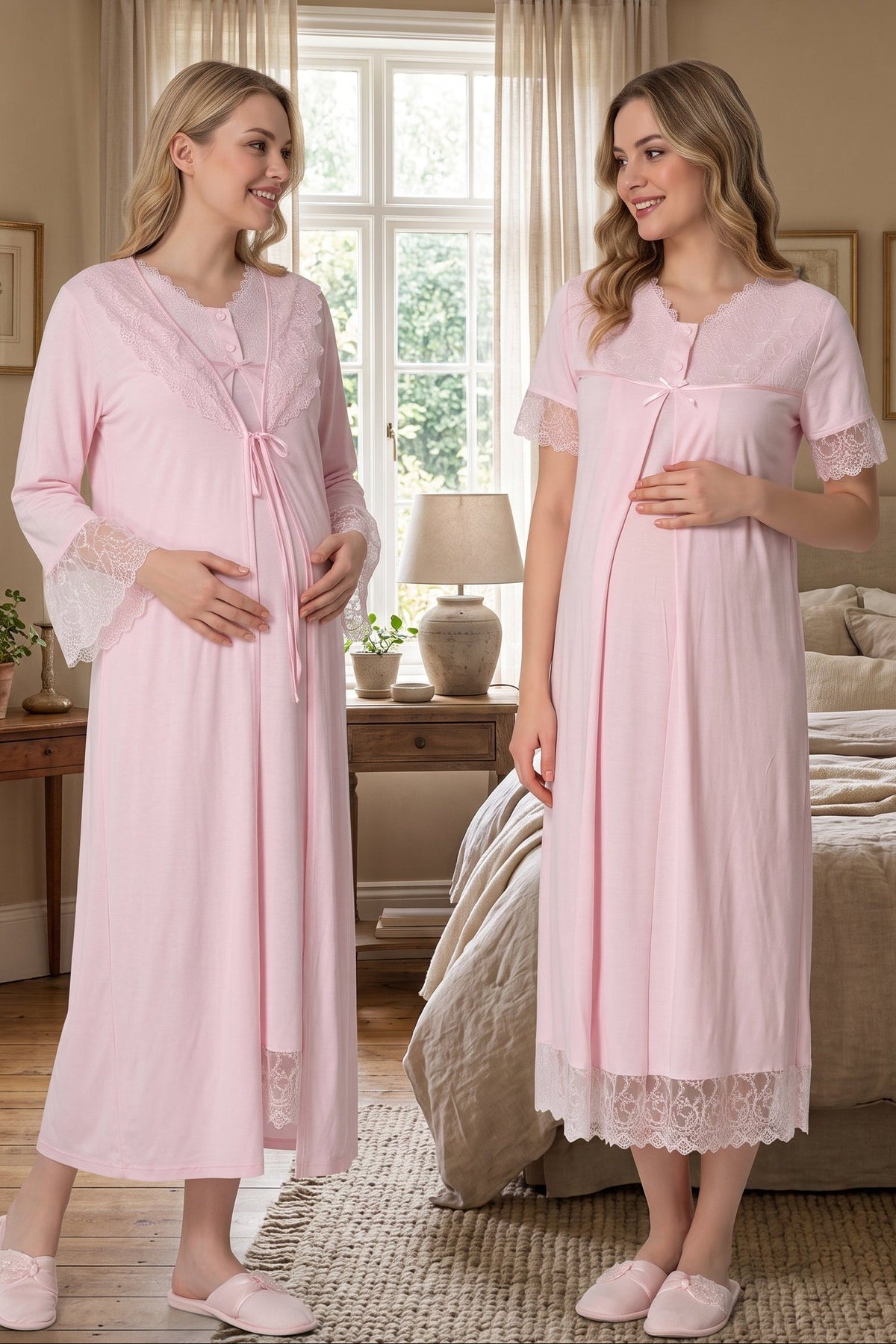 Lace Trim Maternity Feeding-Friendly Nightgown & Robe Set Pink - T5045