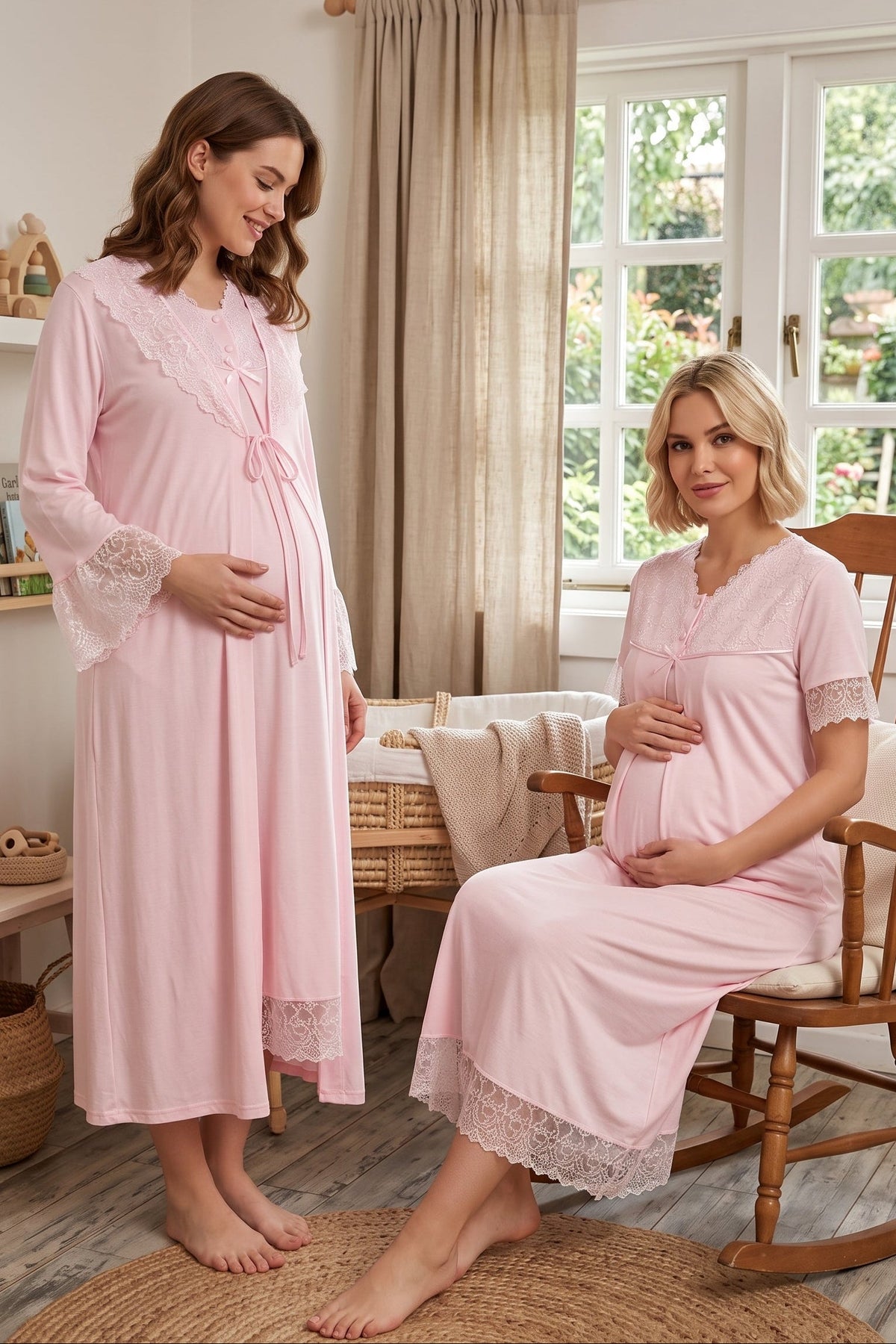 Lace Trim Maternity Feeding-Friendly Nightgown & Robe Set Pink - T5045