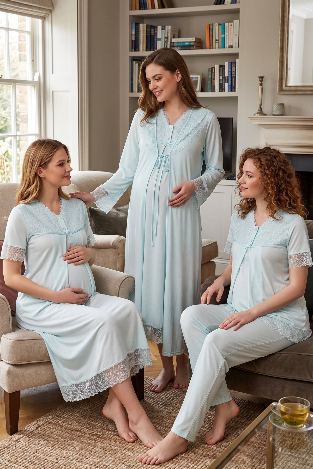 Lace Trim 4-Piece Maternity Feeding-Friendly Set Turquoise - T5046