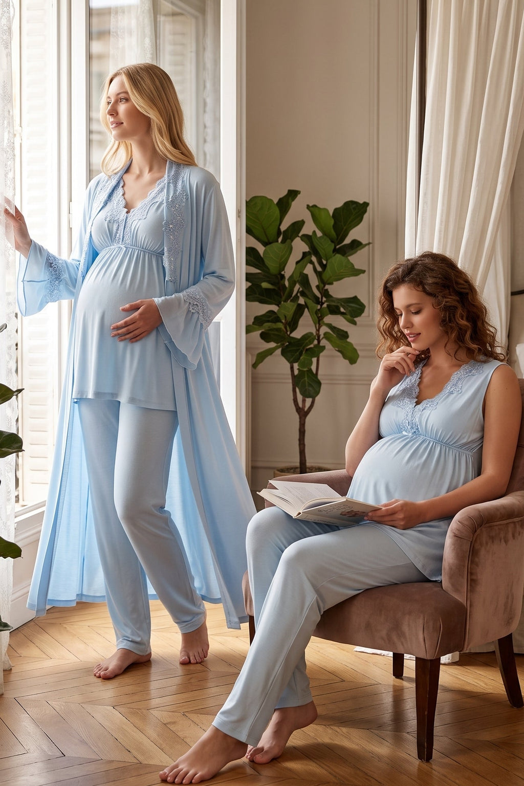 Elegant Lace Collar 3-Piece Maternity Feeding-Friendly Pajama & Robe Set Blue - T5064