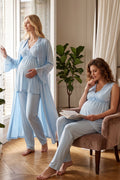 Elegant Lace Collar 3-Piece Maternity Feeding-Friendly Pajama & Robe Set Blue - T5064
