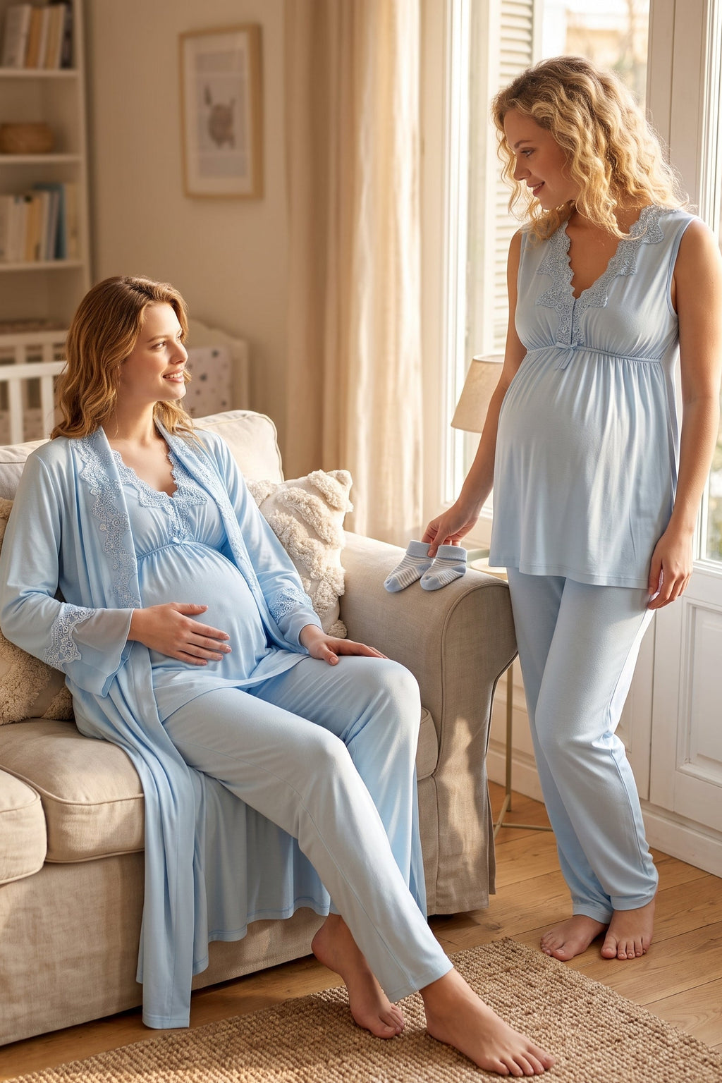 Elegant Lace Collar 3-Piece Maternity Feeding-Friendly Pajama & Robe Set Blue - T5064