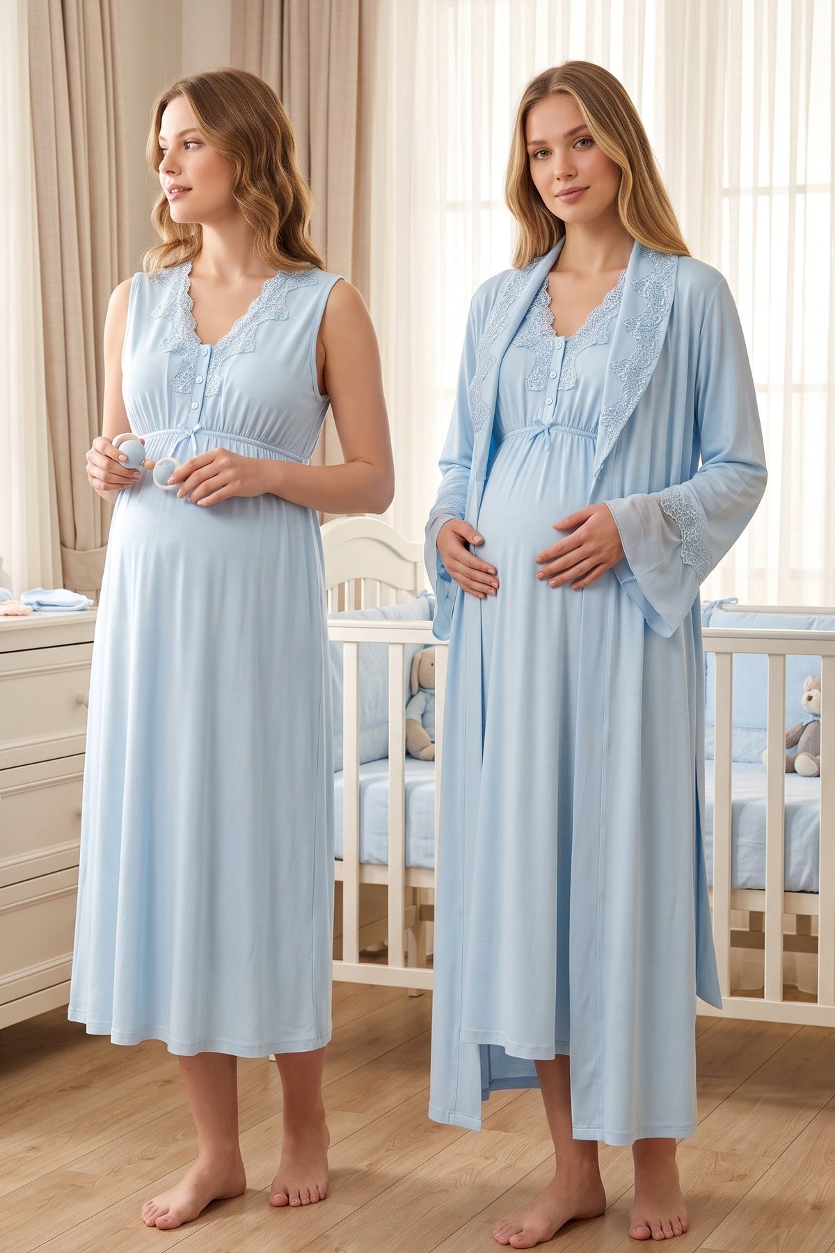 Elegant Lace Collar Maternity Feeding-Friendly Nightgown & Robe Set Blue - T5065