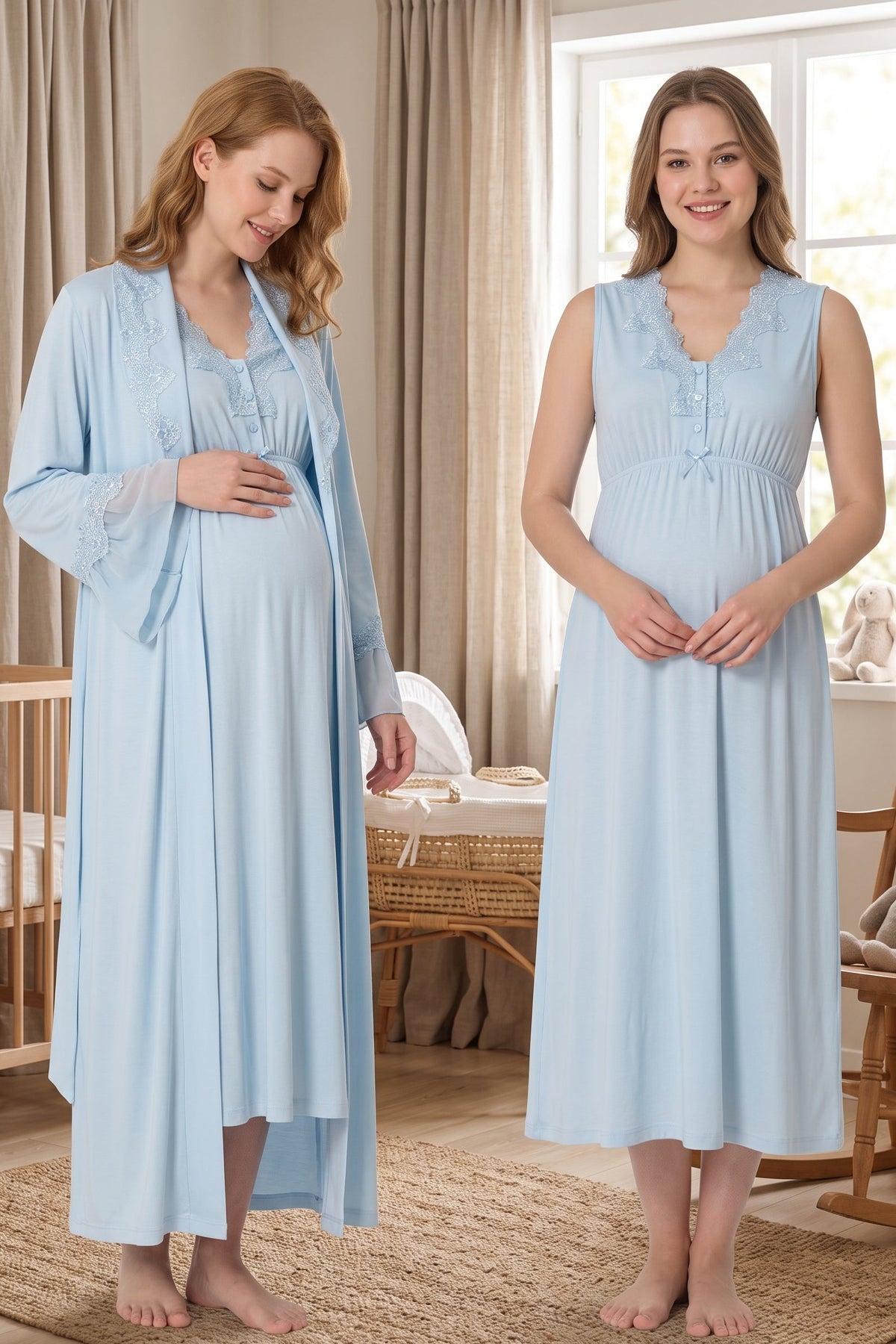 Elegant Lace Collar Maternity Feeding-Friendly Nightgown & Robe Set Blue - T5065
