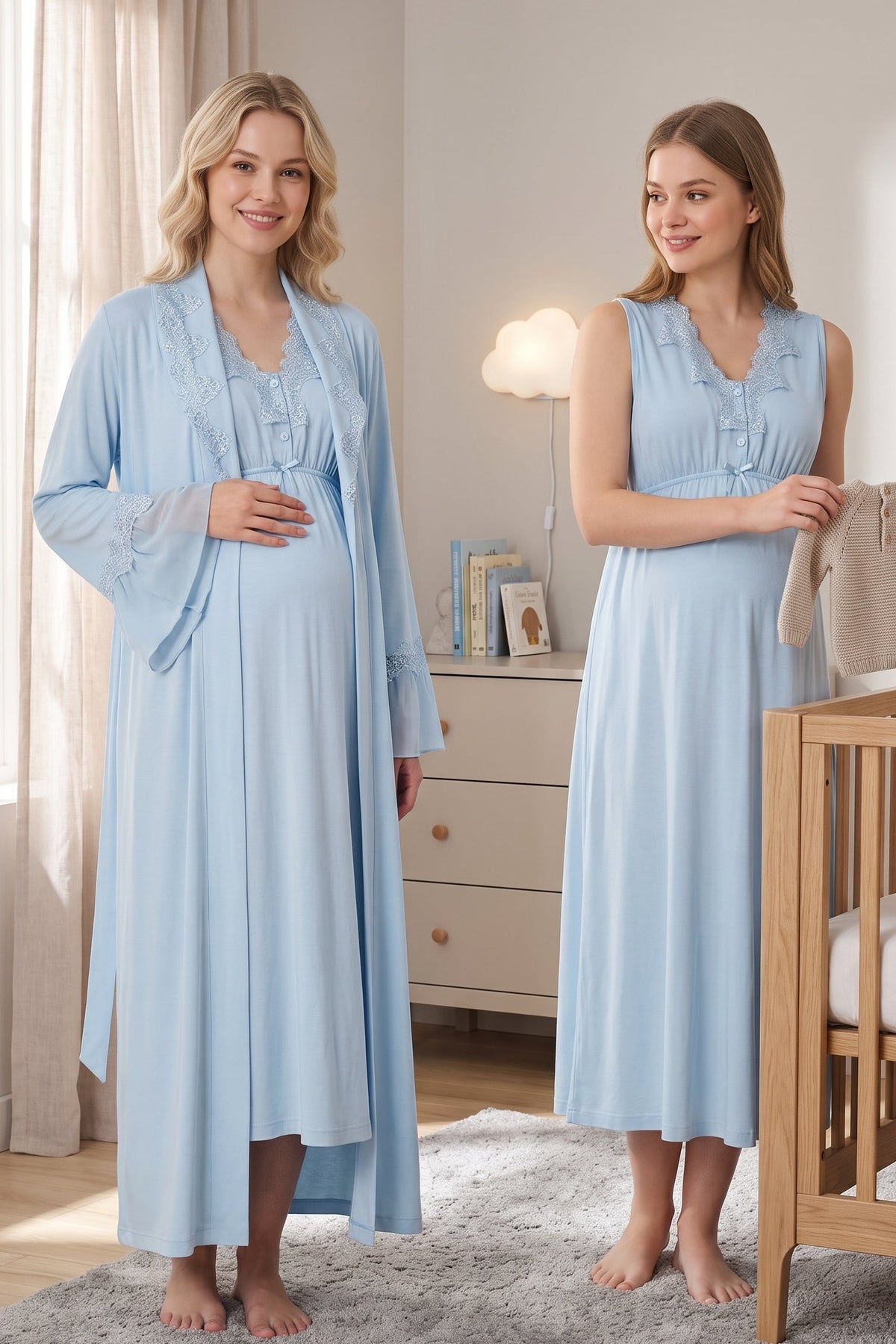 Elegant Lace Collar Maternity Feeding-Friendly Nightgown & Robe Set Blue - T5065