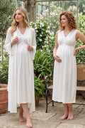 Elegant Lace Collar Maternity Feeding-Friendly Nightgown & Robe Set Ecru - T5065