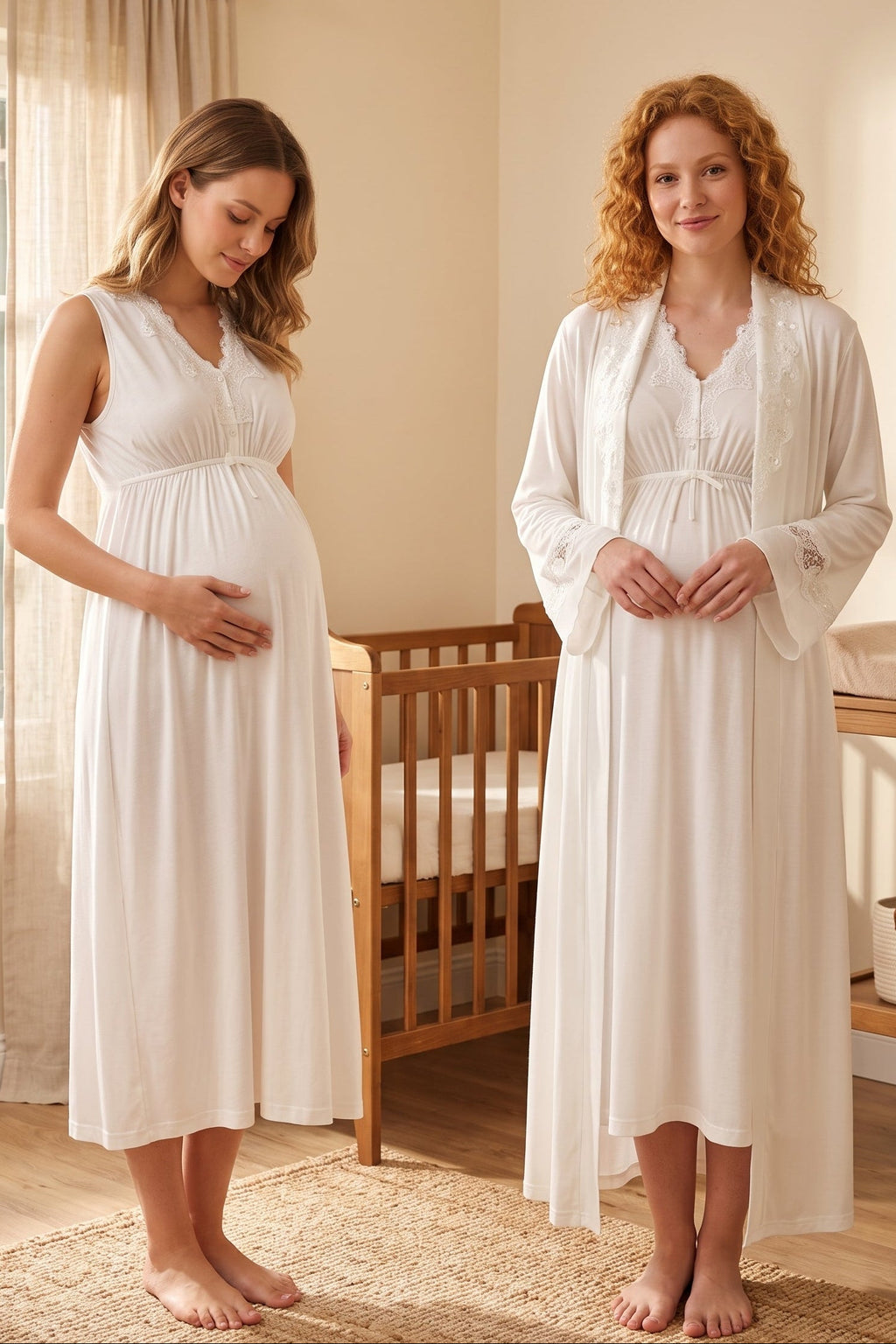 Elegant Lace Collar Maternity Feeding-Friendly Nightgown & Robe Set Ecru - T5065