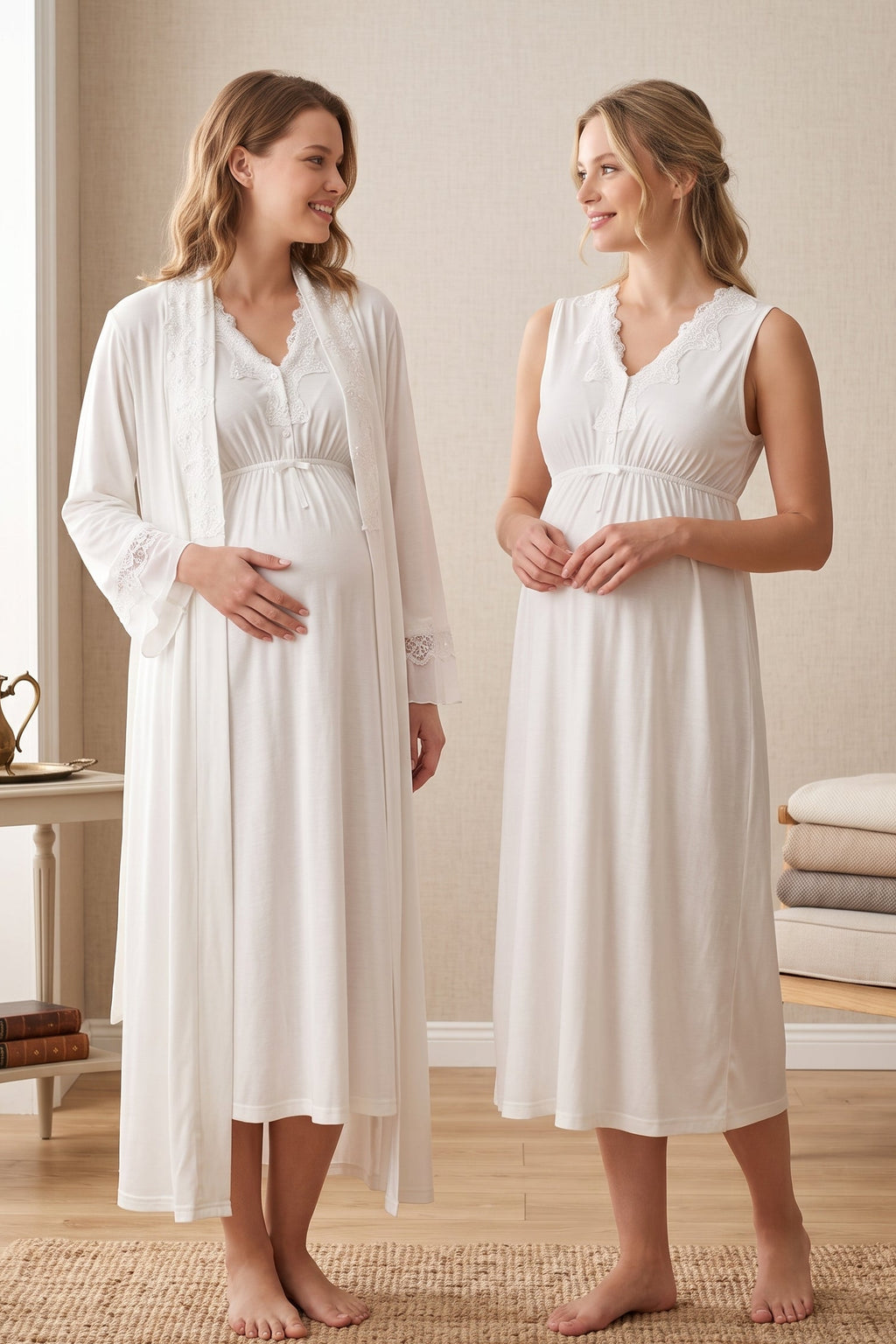 Elegant Lace Collar Maternity Feeding-Friendly Nightgown & Robe Set Ecru - T5065