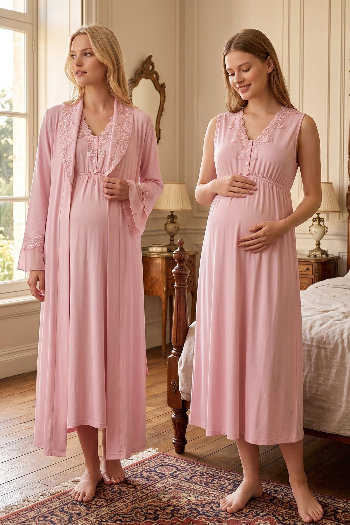 Elegant Lace Collar Maternity Feeding-Friendly Nightgown & Robe Set Pink - T5065