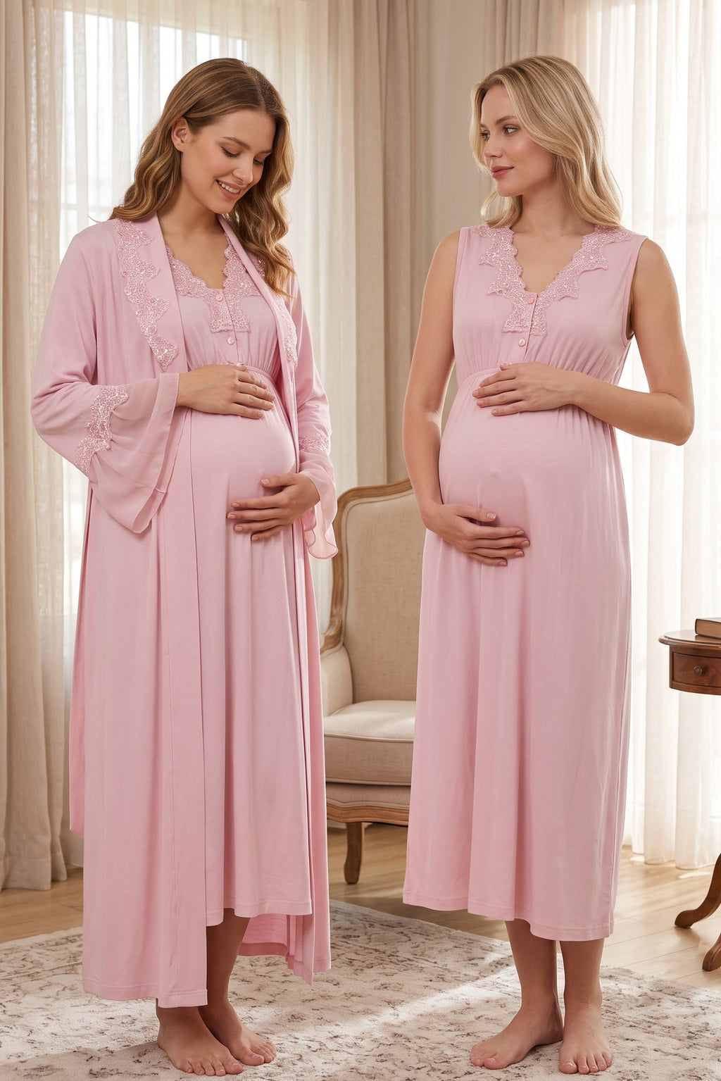Elegant Lace Collar Maternity Feeding-Friendly Nightgown & Robe Set Pink - T5065