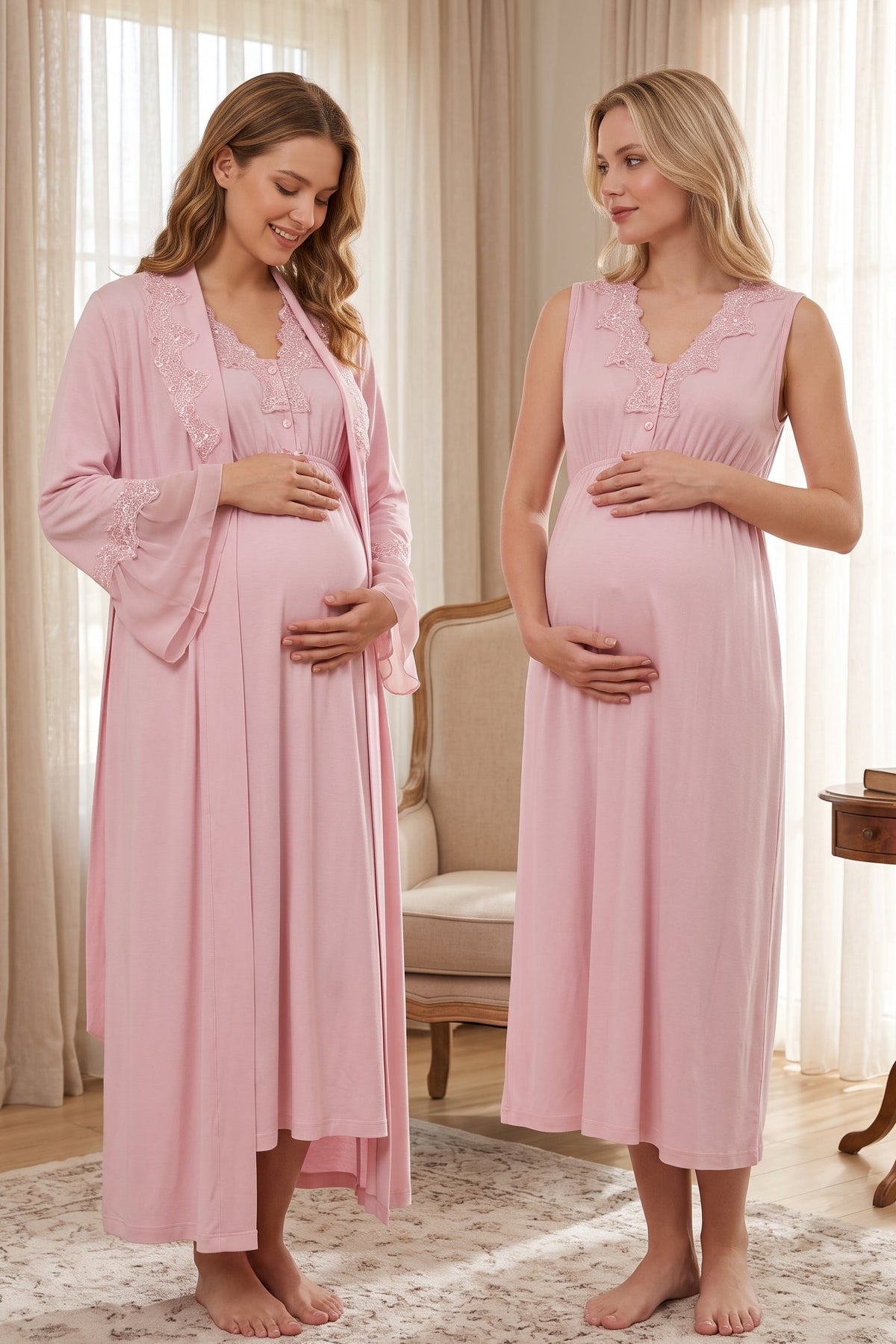 Elegant Lace Collar Maternity Feeding-Friendly Nightgown & Robe Set Pink - T5065