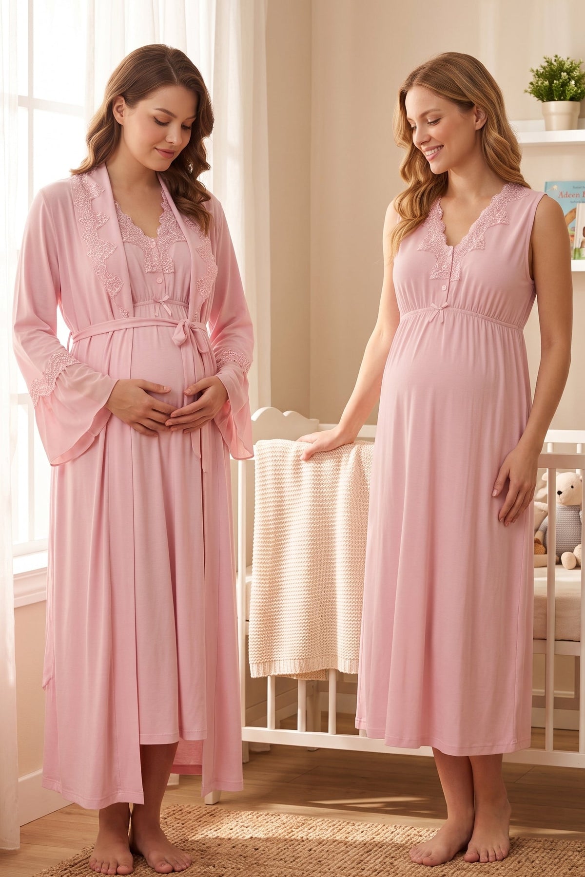 Elegant Lace Collar Maternity Feeding-Friendly Nightgown & Robe Set Pink - T5065