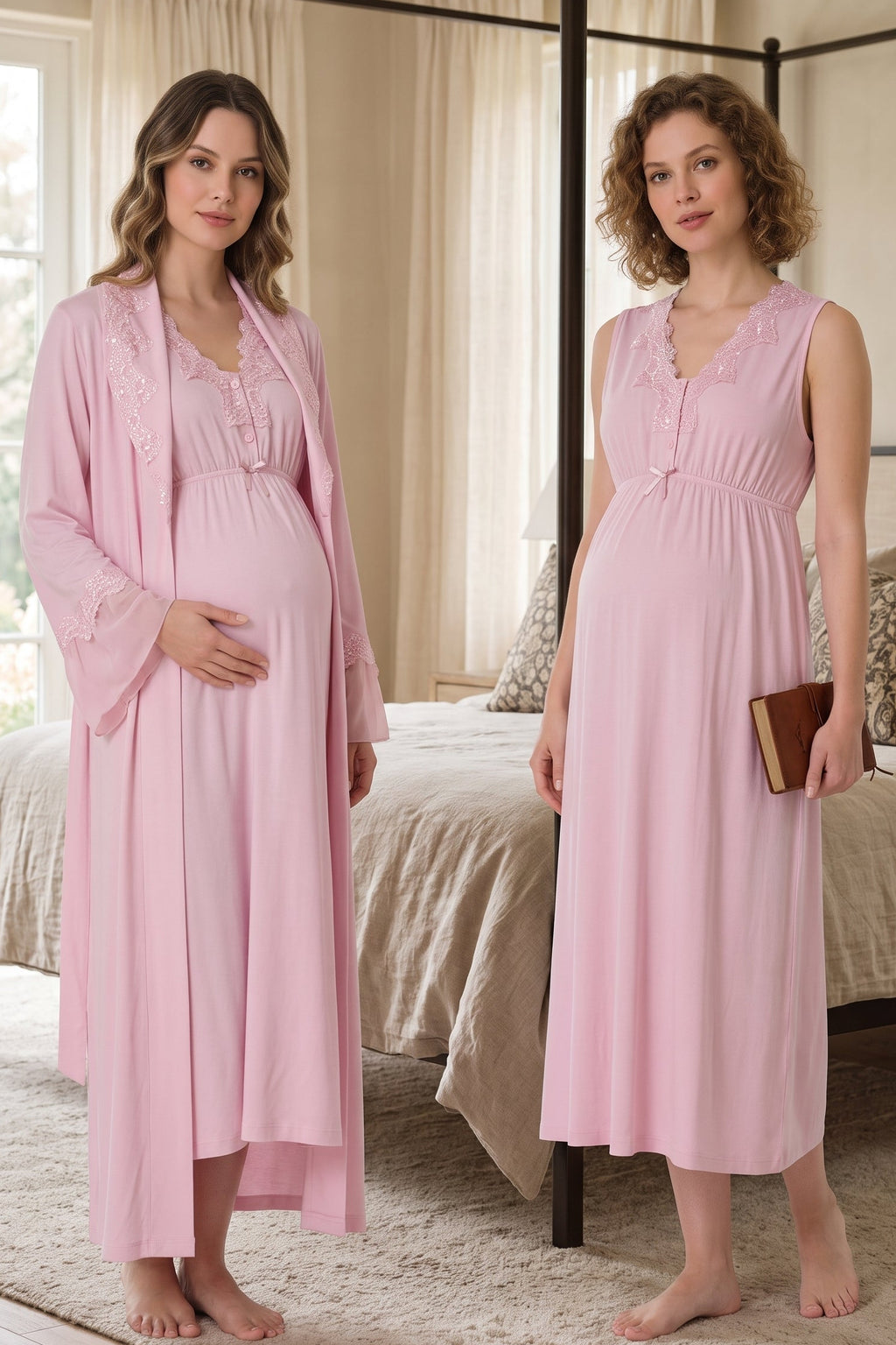 Elegant Lace Collar Maternity Feeding-Friendly Nightgown & Robe Set Pink - T5065