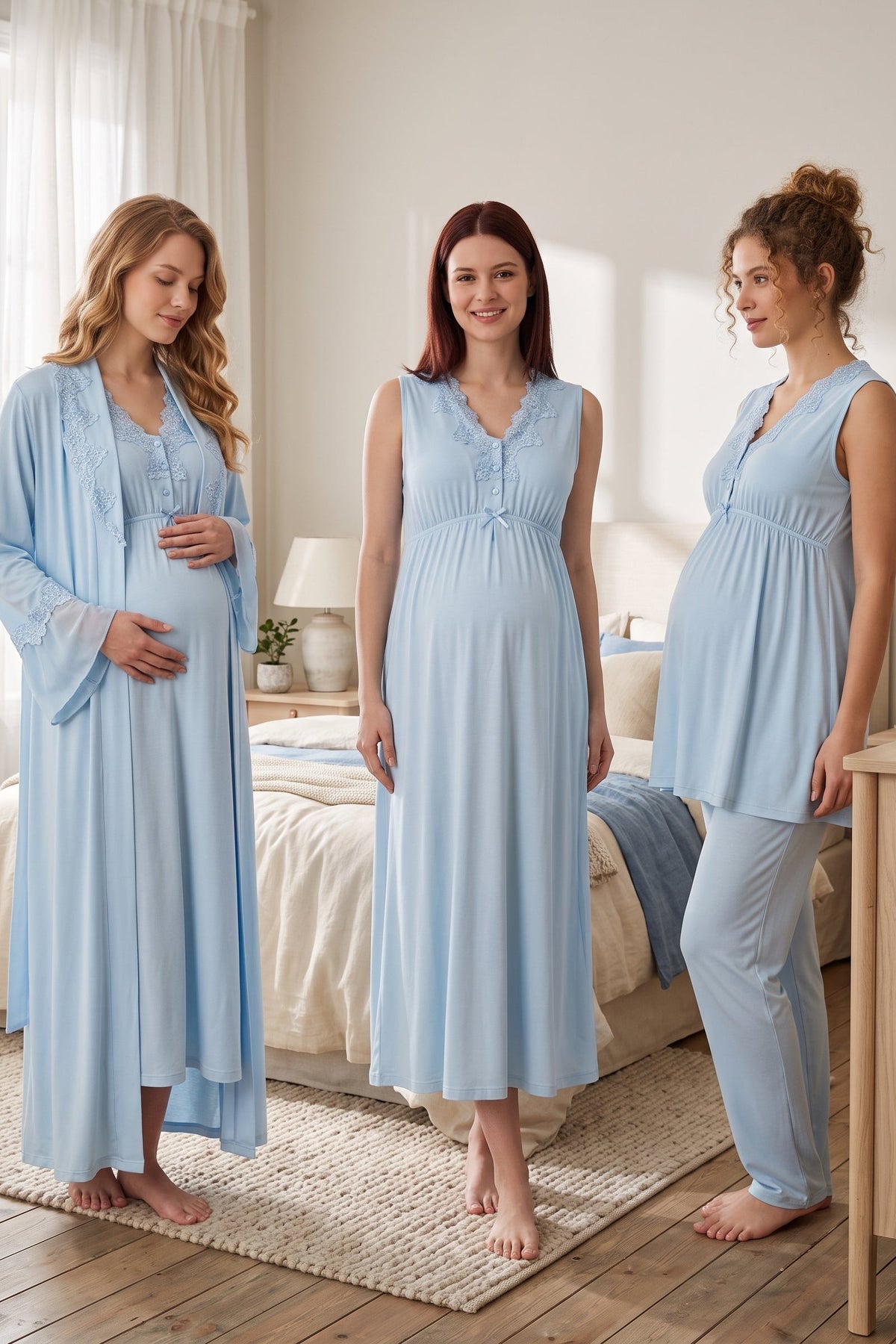 Elegant Lace Collar 4-Piece Maternity Feeding-Friendly Set Blue - T5066