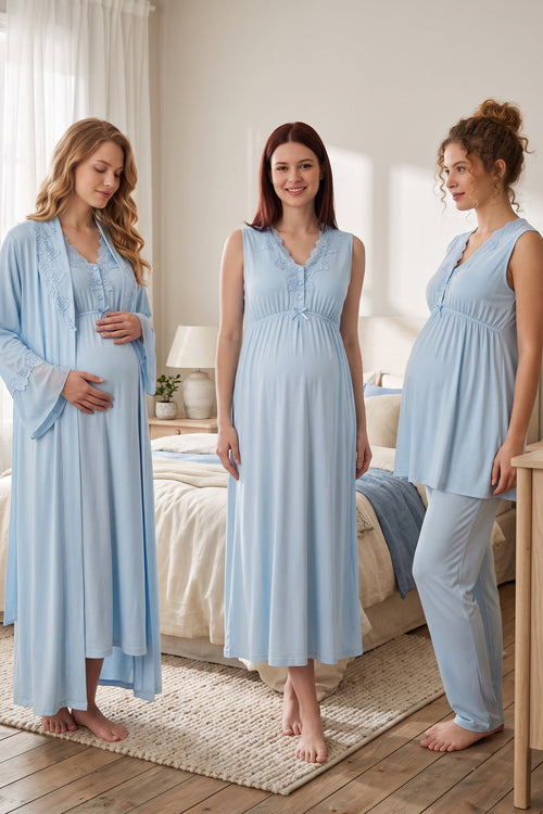 Elegant Lace Collar 4-Piece Maternity Feeding-Friendly Set Blue - T5066