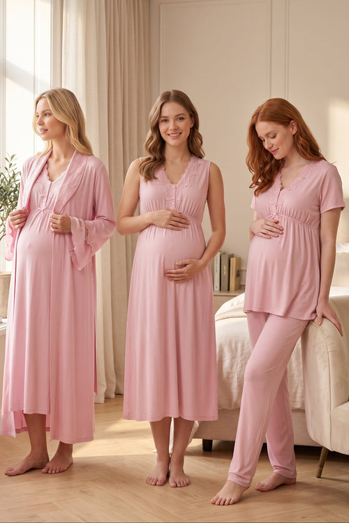 Elegant Lace Collar 4-Piece Maternity Feeding-Friendly Set Pink - T5066