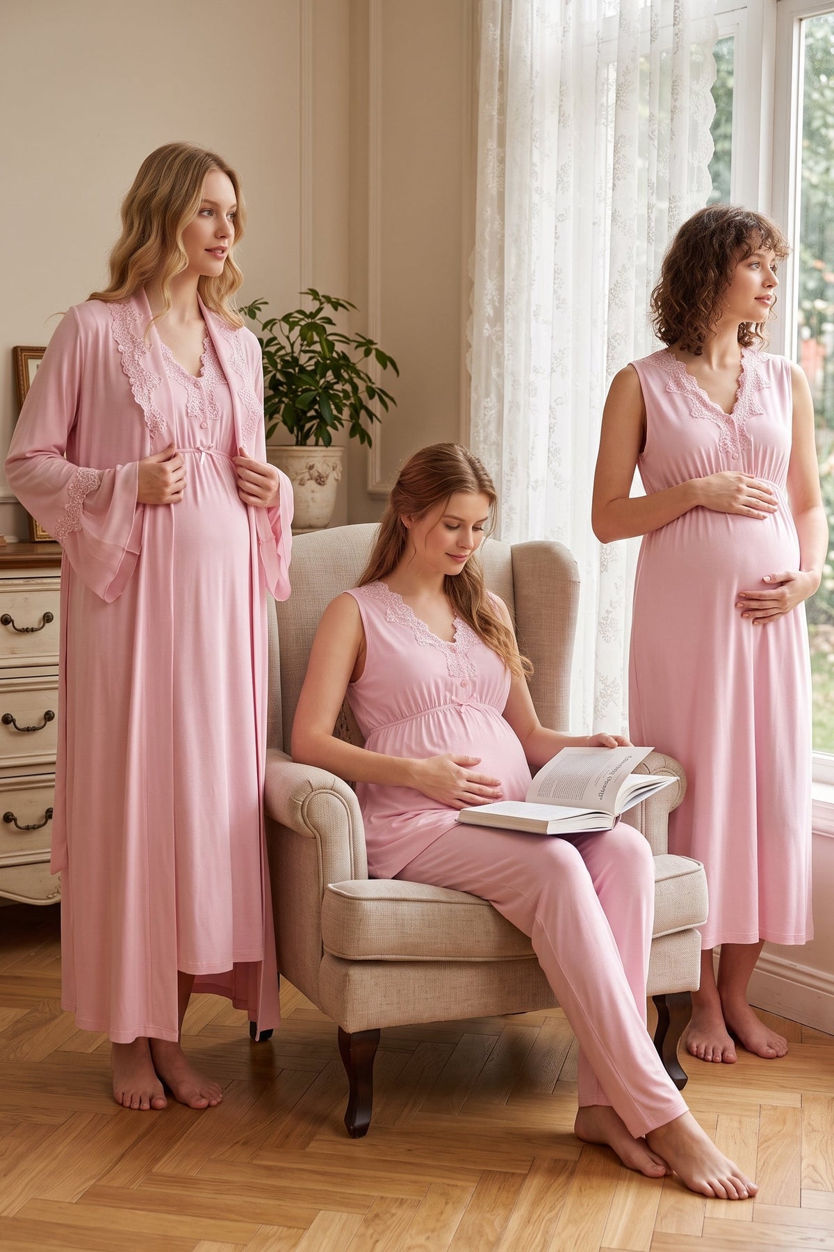 Elegant Lace Collar 4-Piece Maternity Feeding-Friendly Set Pink - T5066