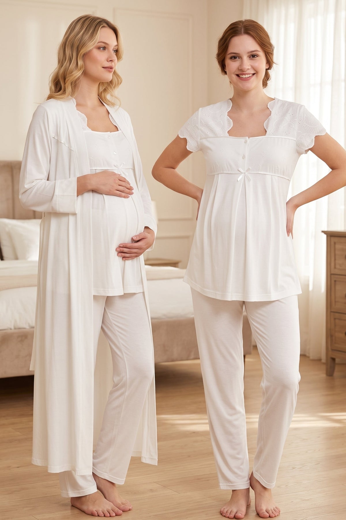 Eyelet Lace 3-Piece Maternity Feeding-Friendly Pajama & Robe Set Ecru - T5084