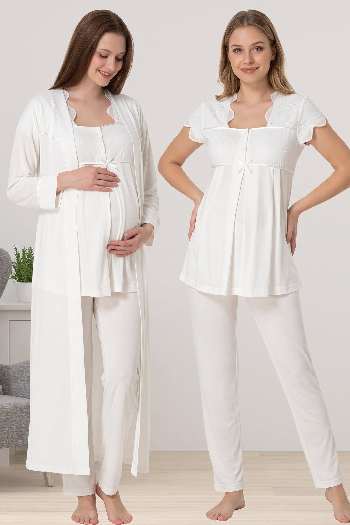 Eyelet Lace 3-Piece Maternity Feeding-Friendly Pajama & Robe Set Ecru - T5084