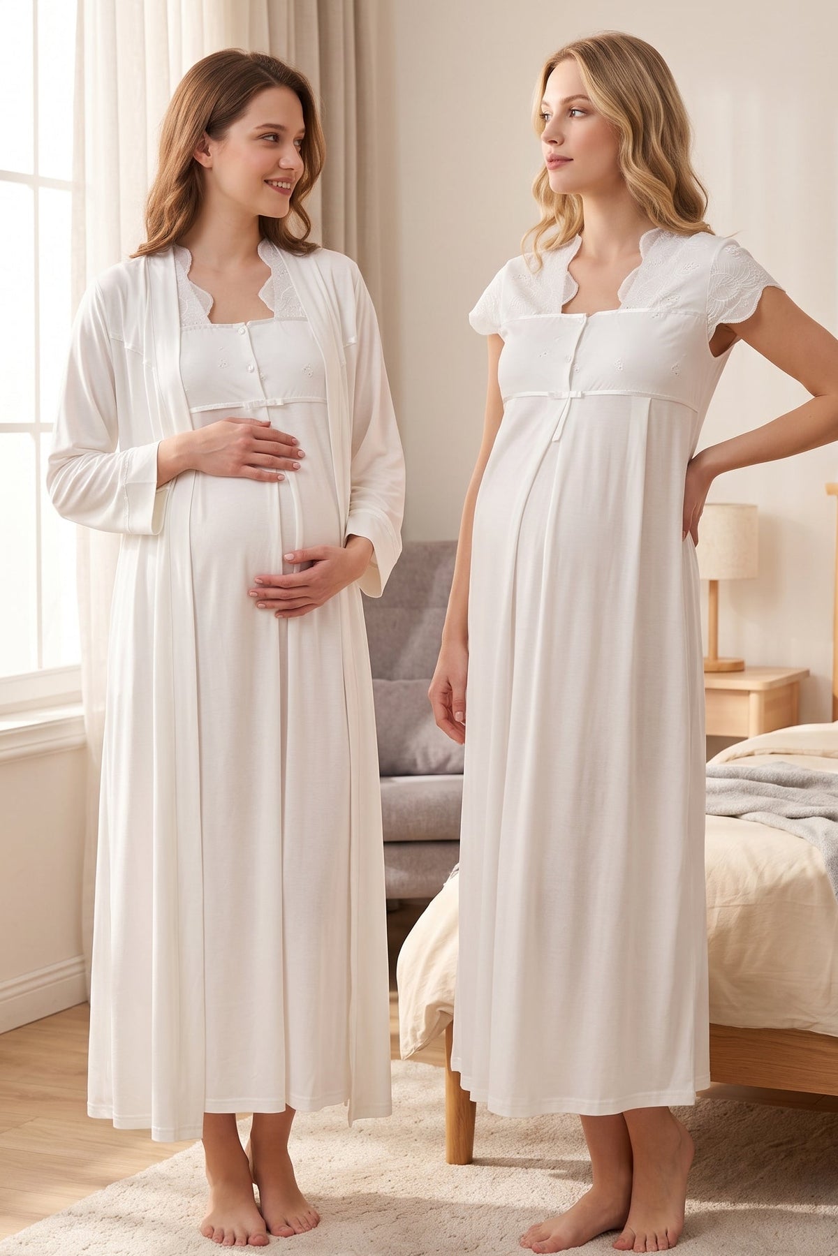 Eyelet Lace Maternity Feeding-Friendly Nightgown & Robe Set Ecru - T5085