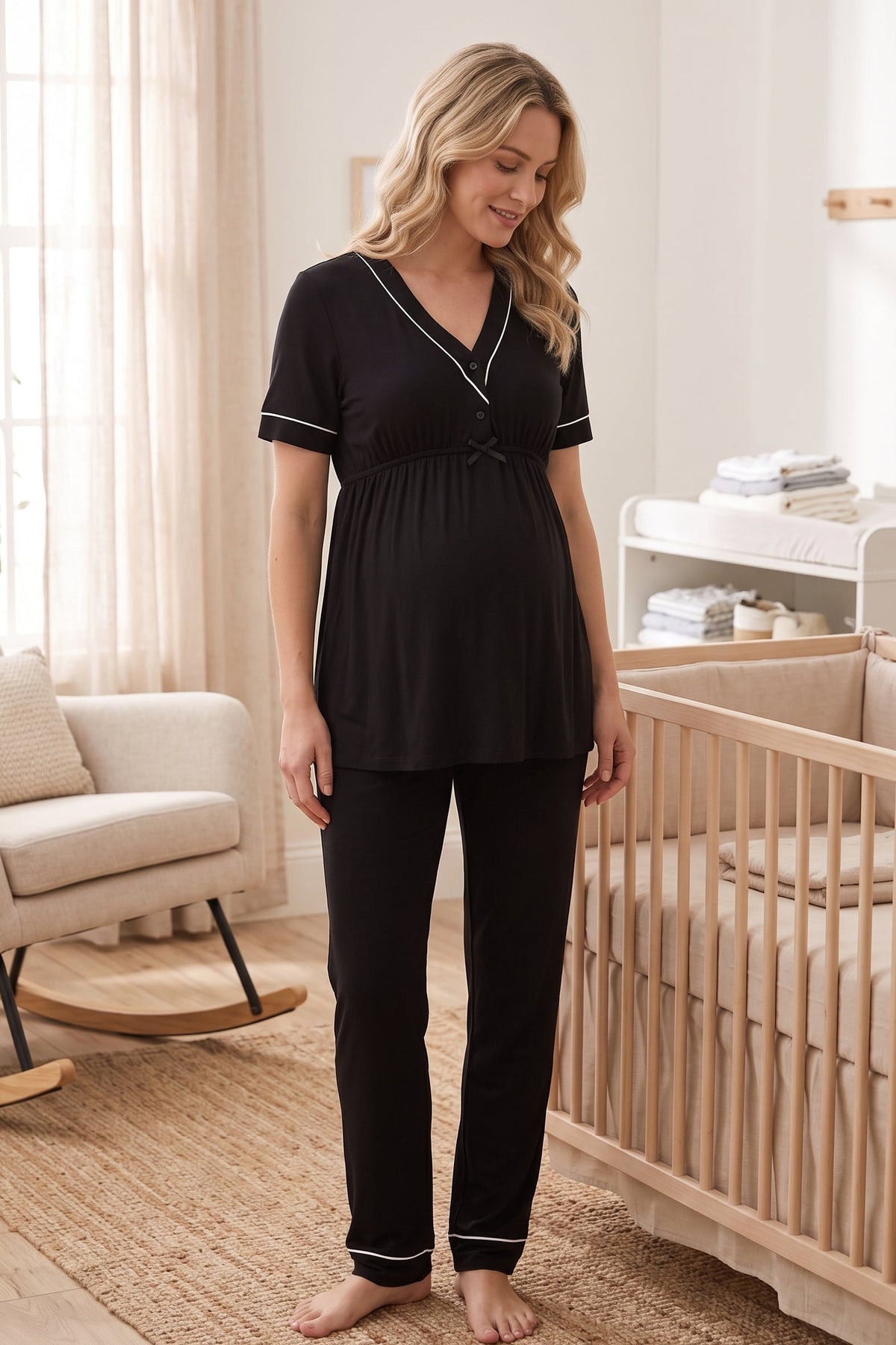 Piped V-Neck Maternity Feeding-Friendly Pajama Set Black - T5092