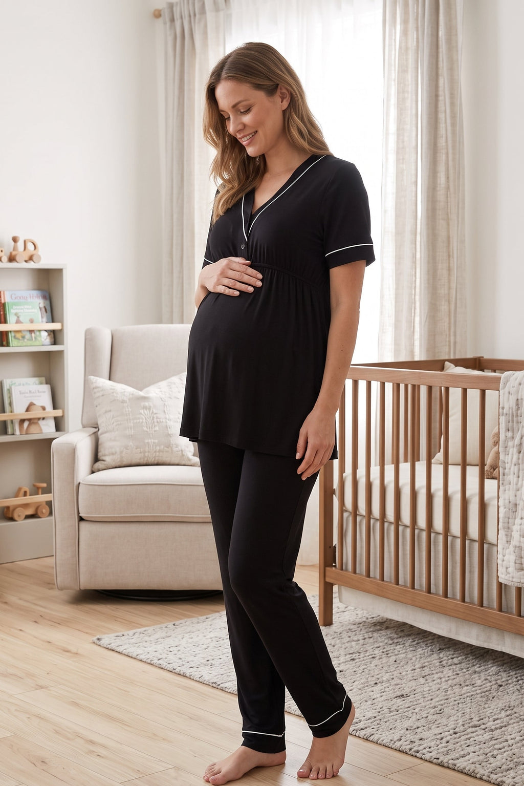 Piped V-Neck Maternity Feeding-Friendly Pajama Set Black - T5092