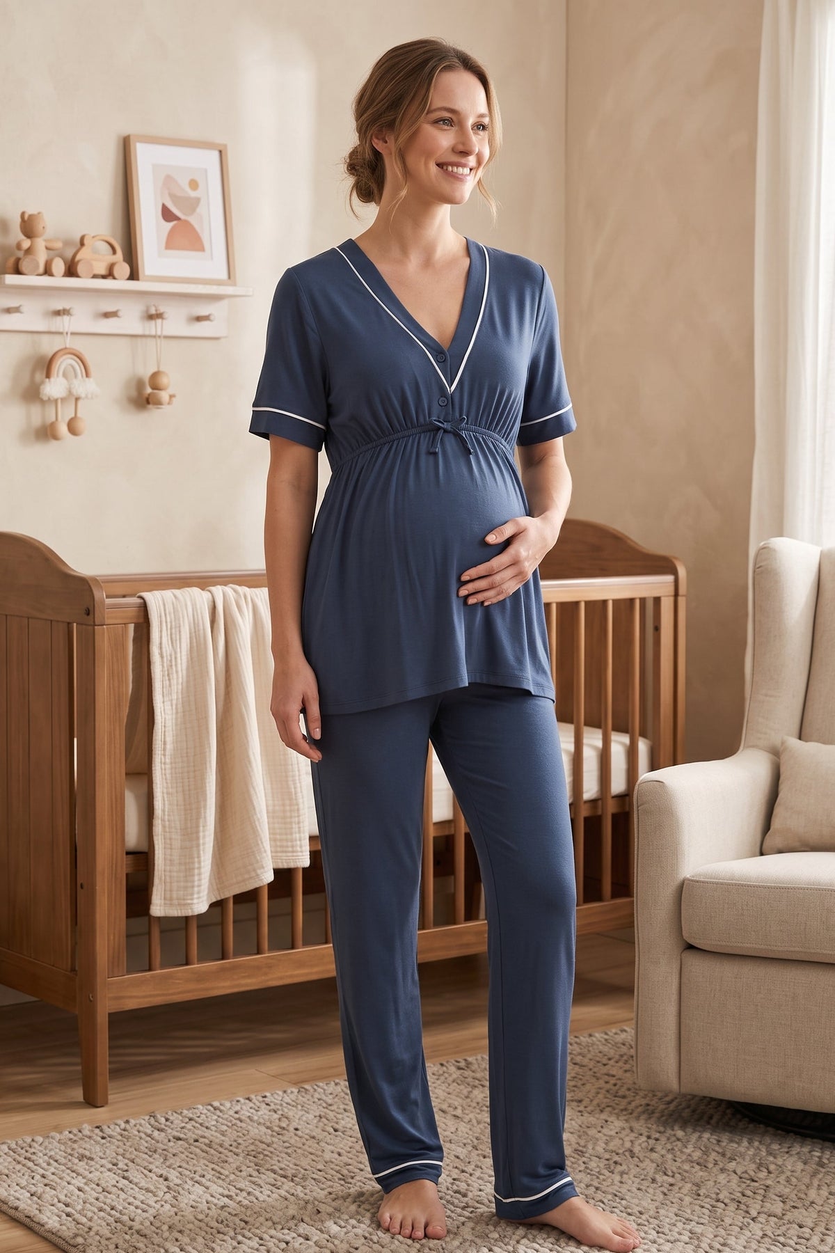 Piped V-Neck Maternity Feeding-Friendly Pajama Set Indigo - T5092