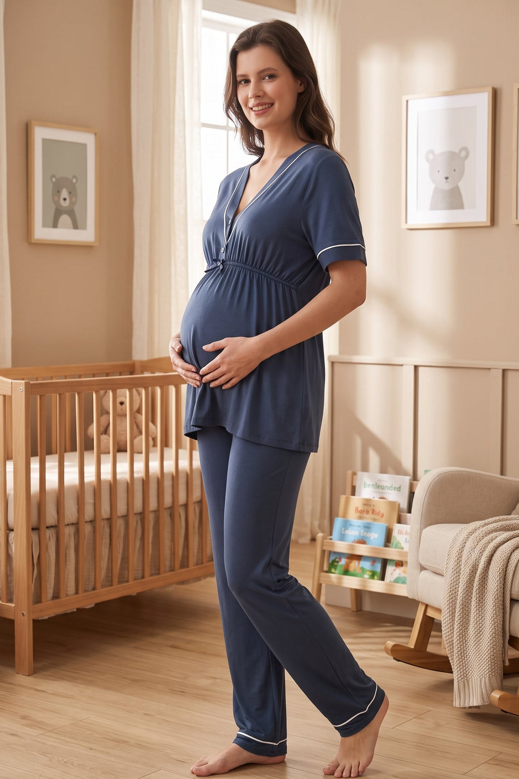 Piped V-Neck Maternity Feeding-Friendly Pajama Set Indigo - T5092