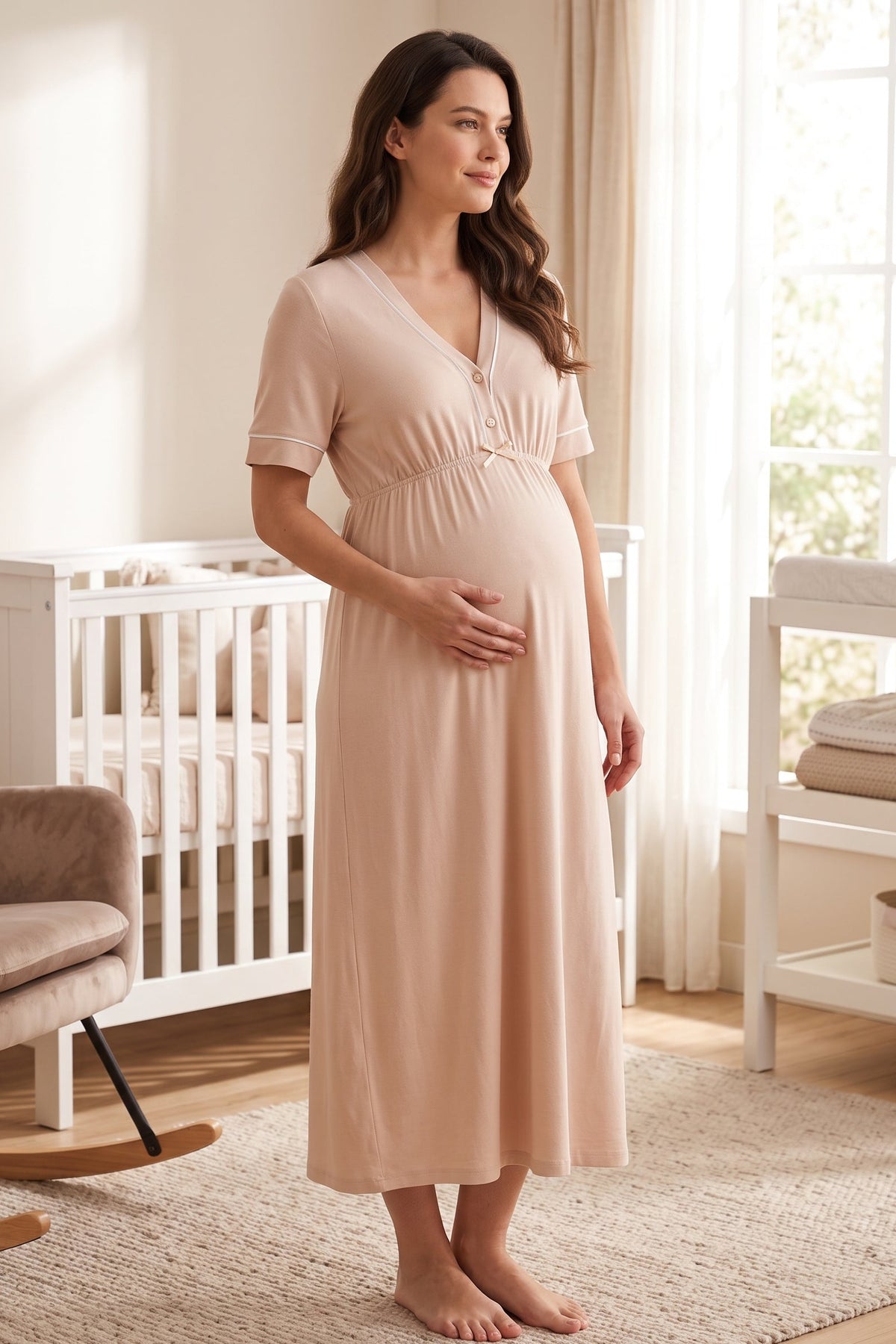 Piped V-Neck Maternity Feeding-Friendly Nightgown Beige - T5093