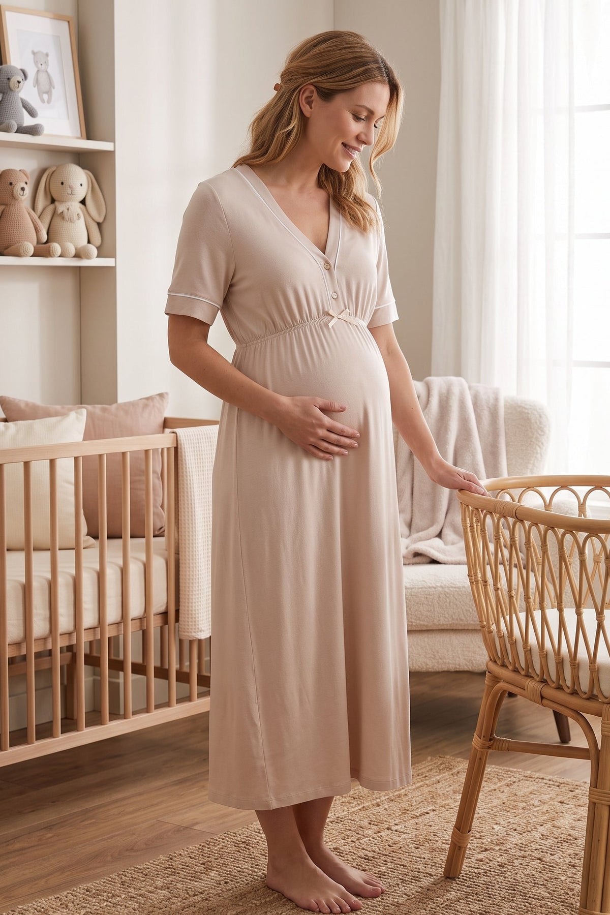Piped V-Neck Maternity Feeding-Friendly Nightgown Beige - T5093