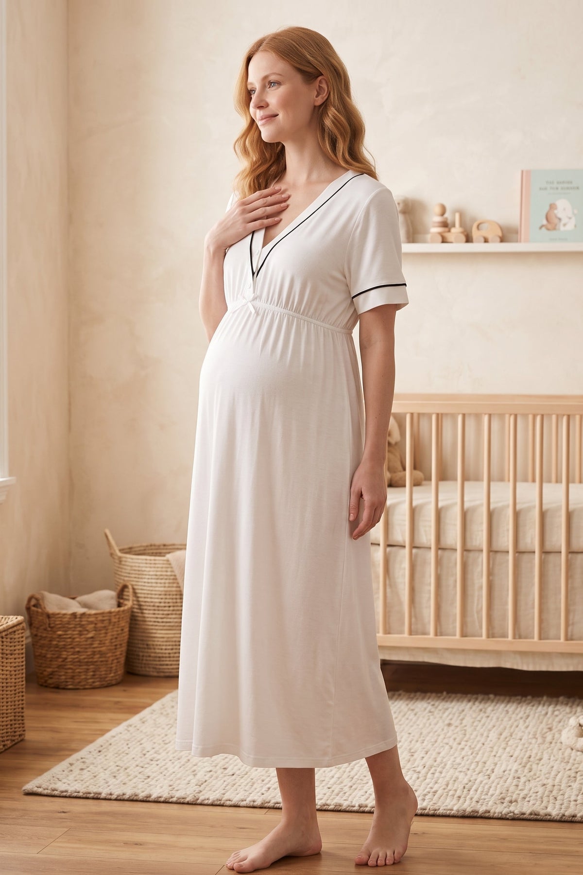 Piped V-Neck Maternity Feeding-Friendly Nightgown Ecru - T5093