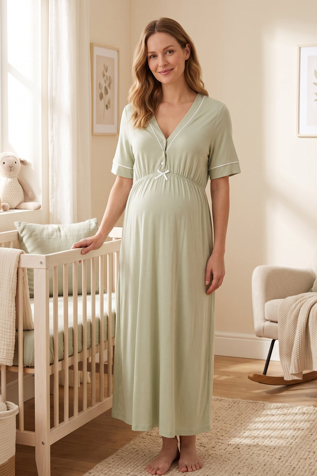 Piped V-Neck Maternity Feeding-Friendly Nightgown Green - T5093