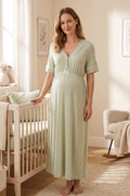 Piped V-Neck Maternity Feeding-Friendly Nightgown Green - T5093