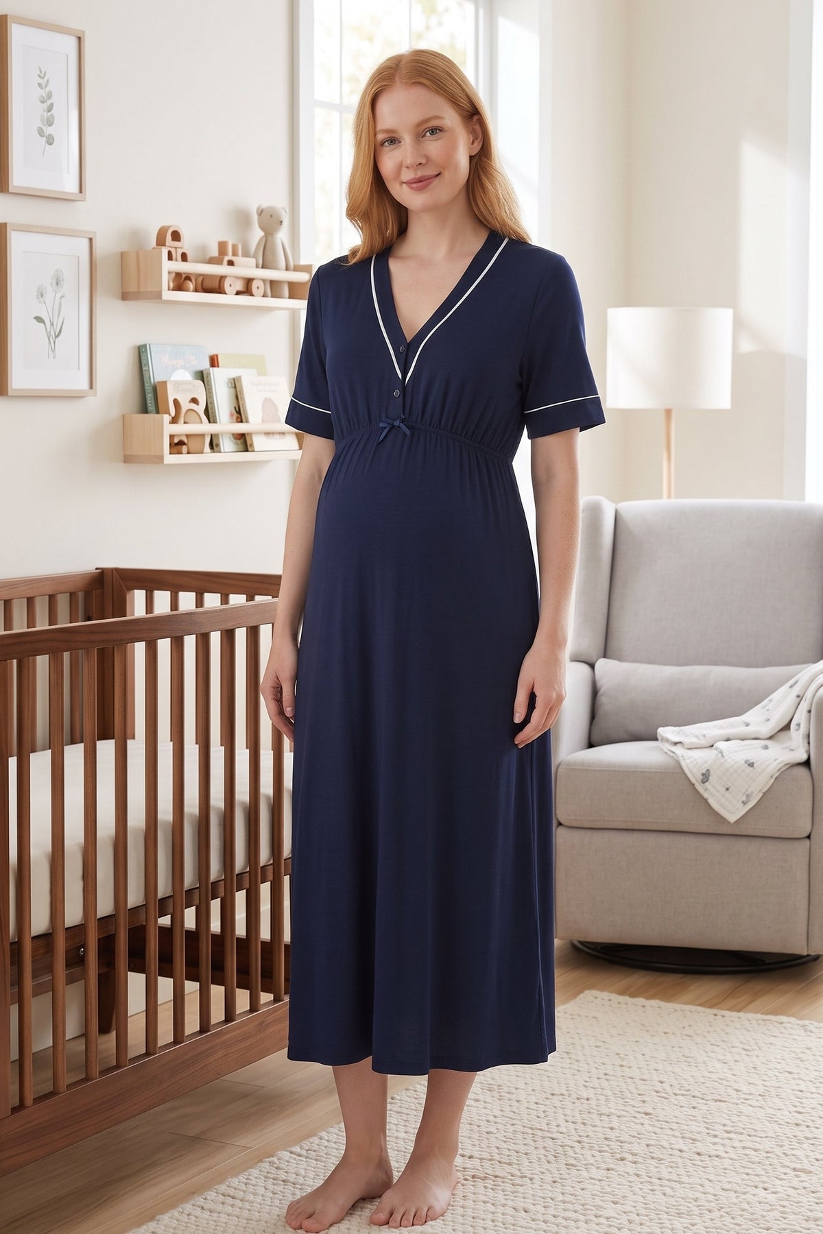Piped V-Neck Maternity Feeding-Friendly Nightgown Navy Blue - T5093
