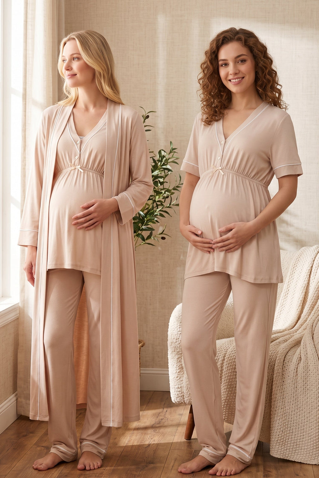 Piped V-Neck 3-Piece Maternity Feeding-Friendly Pajama & Robe Set Beige - T5094