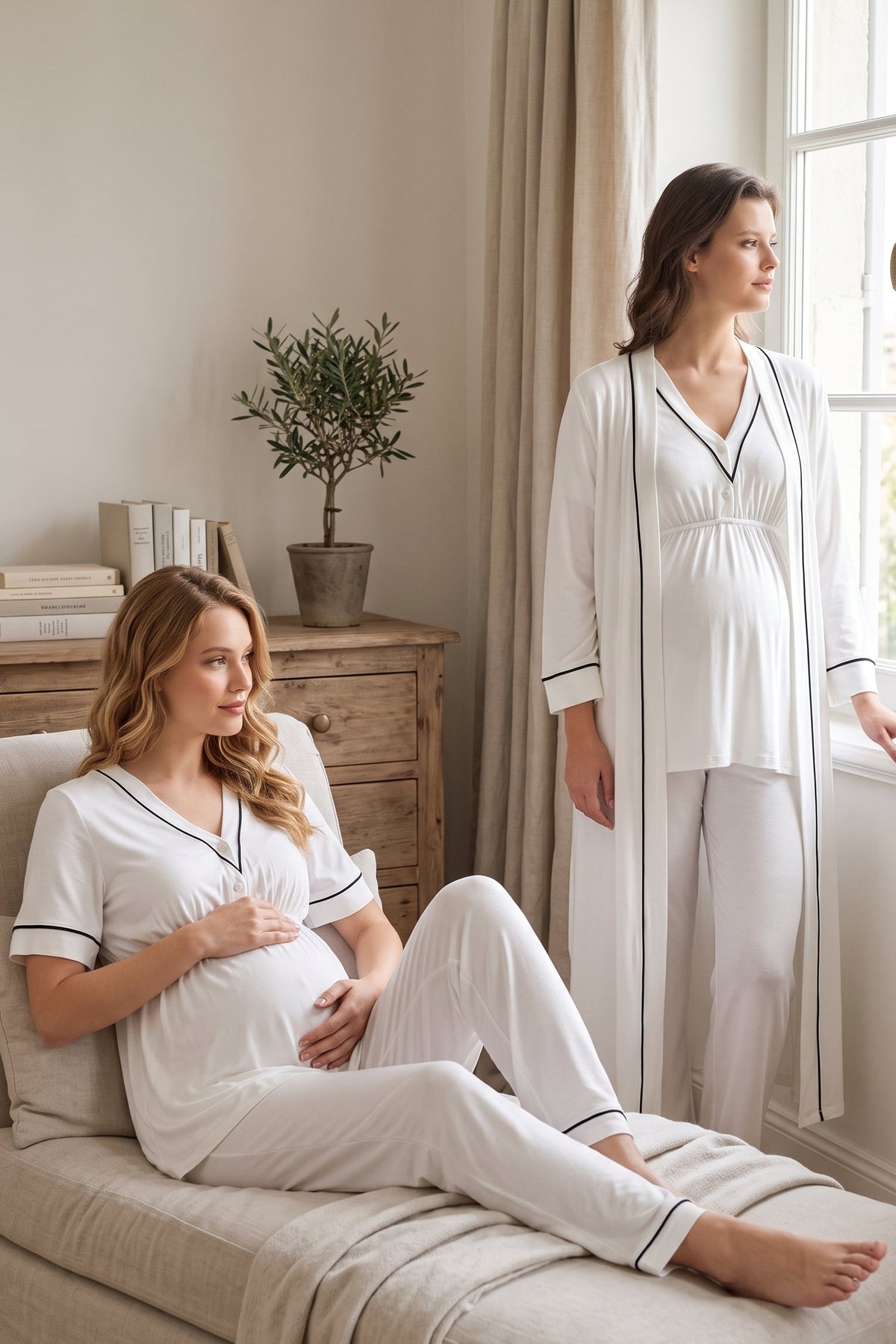 Piped V-Neck 3-Piece Maternity Feeding-Friendly Pajama & Robe Set Ecru - T5094