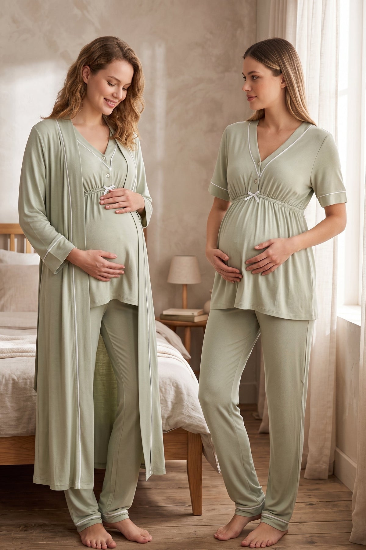 Piped V-Neck 3-Piece Maternity Feeding-Friendly Pajama & Robe Set Green - T5094