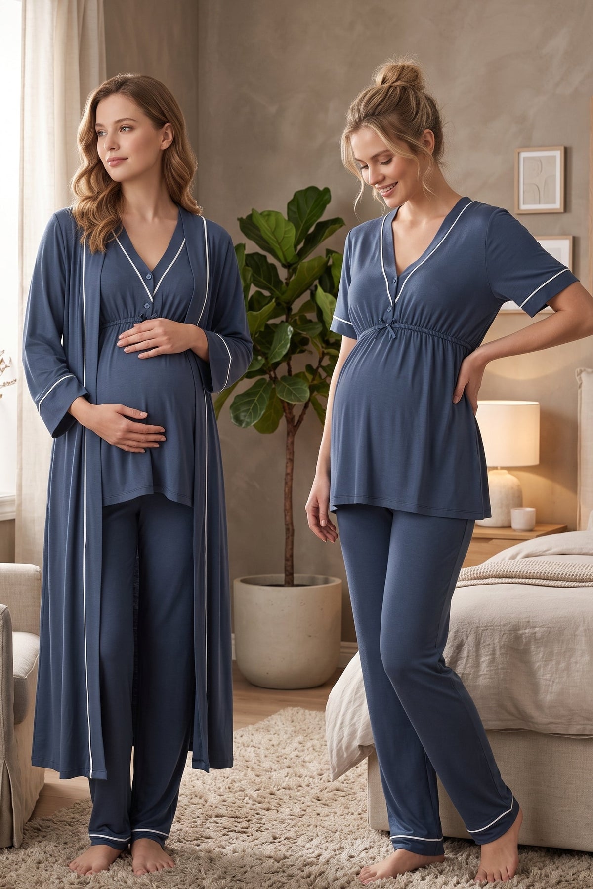 Piped V-Neck 3-Piece Maternity Feeding-Friendly Pajama & Robe Set Indigo - T5094