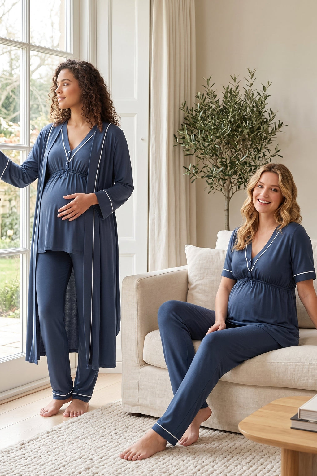 Piped V-Neck 3-Piece Maternity Feeding-Friendly Pajama & Robe Set Indigo - T5094