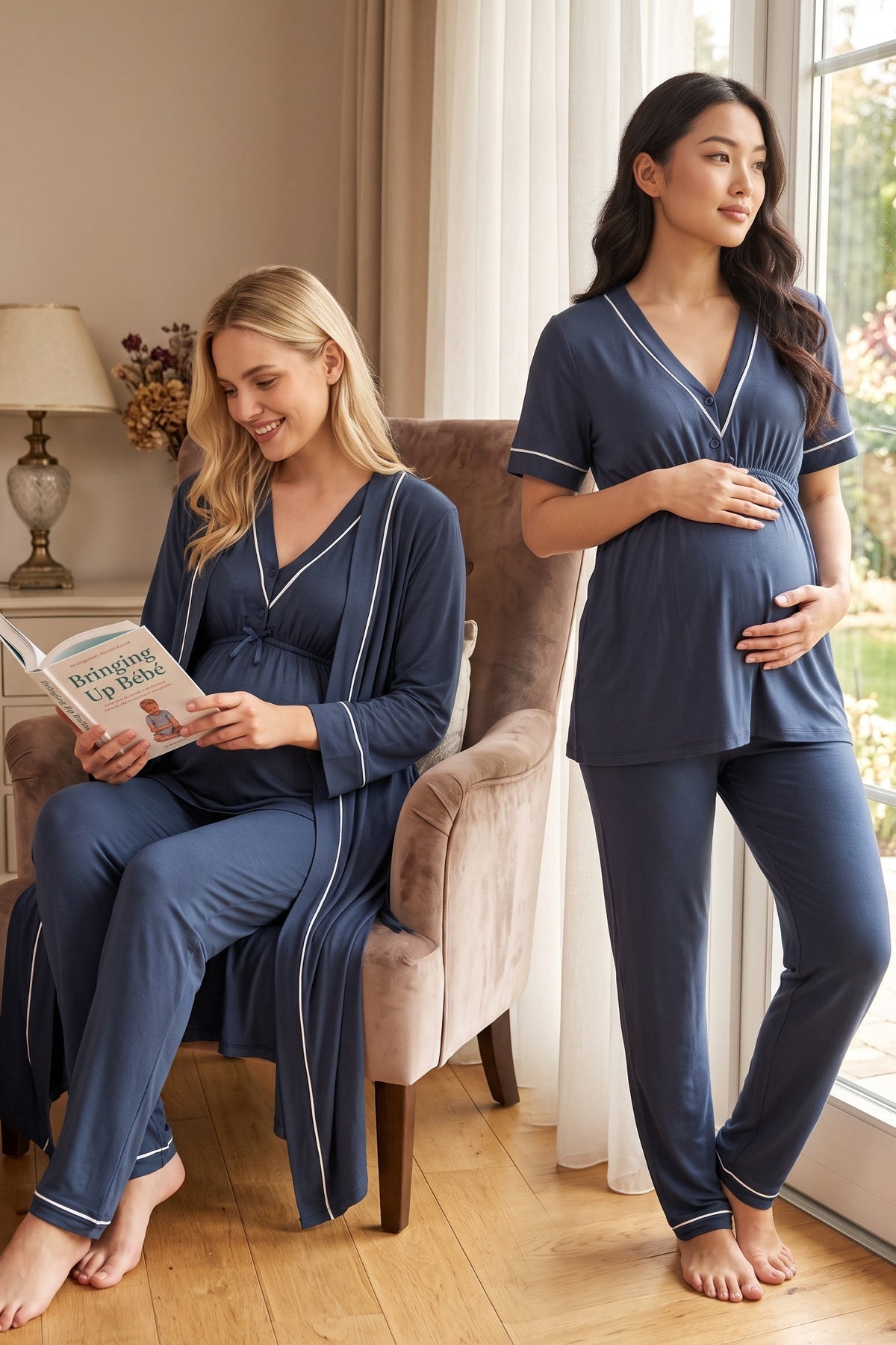 Piped V-Neck 3-Piece Maternity Feeding-Friendly Pajama & Robe Set Indigo - T5094