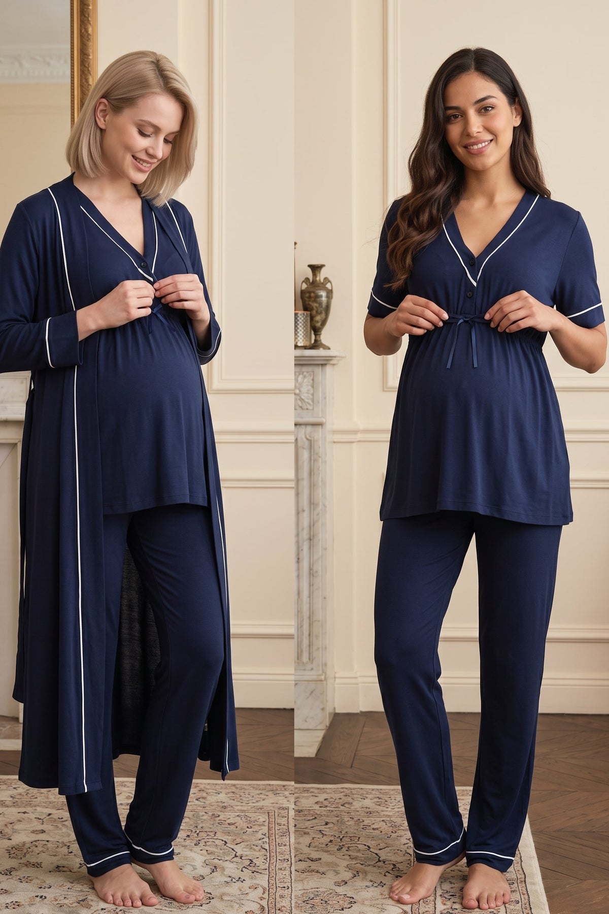 Piped V-Neck 3-Piece Maternity Feeding-Friendly Pajama & Robe Set Navy Blue - T5094