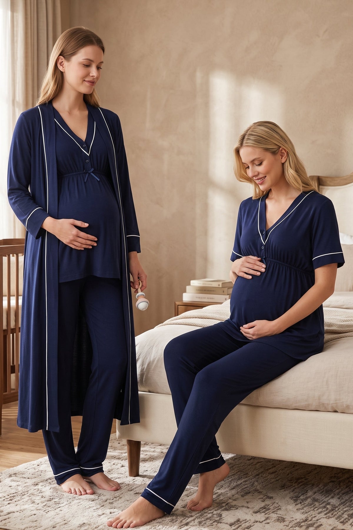 Piped V-Neck 3-Piece Maternity Feeding-Friendly Pajama & Robe Set Navy Blue - T5094
