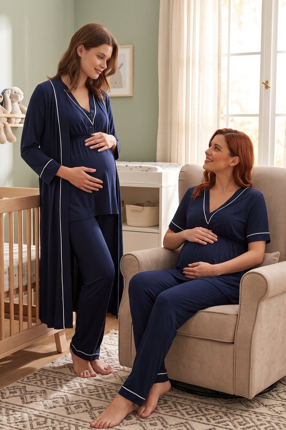 Piped V-Neck 3-Piece Maternity Feeding-Friendly Pajama & Robe Set Navy Blue - T5094