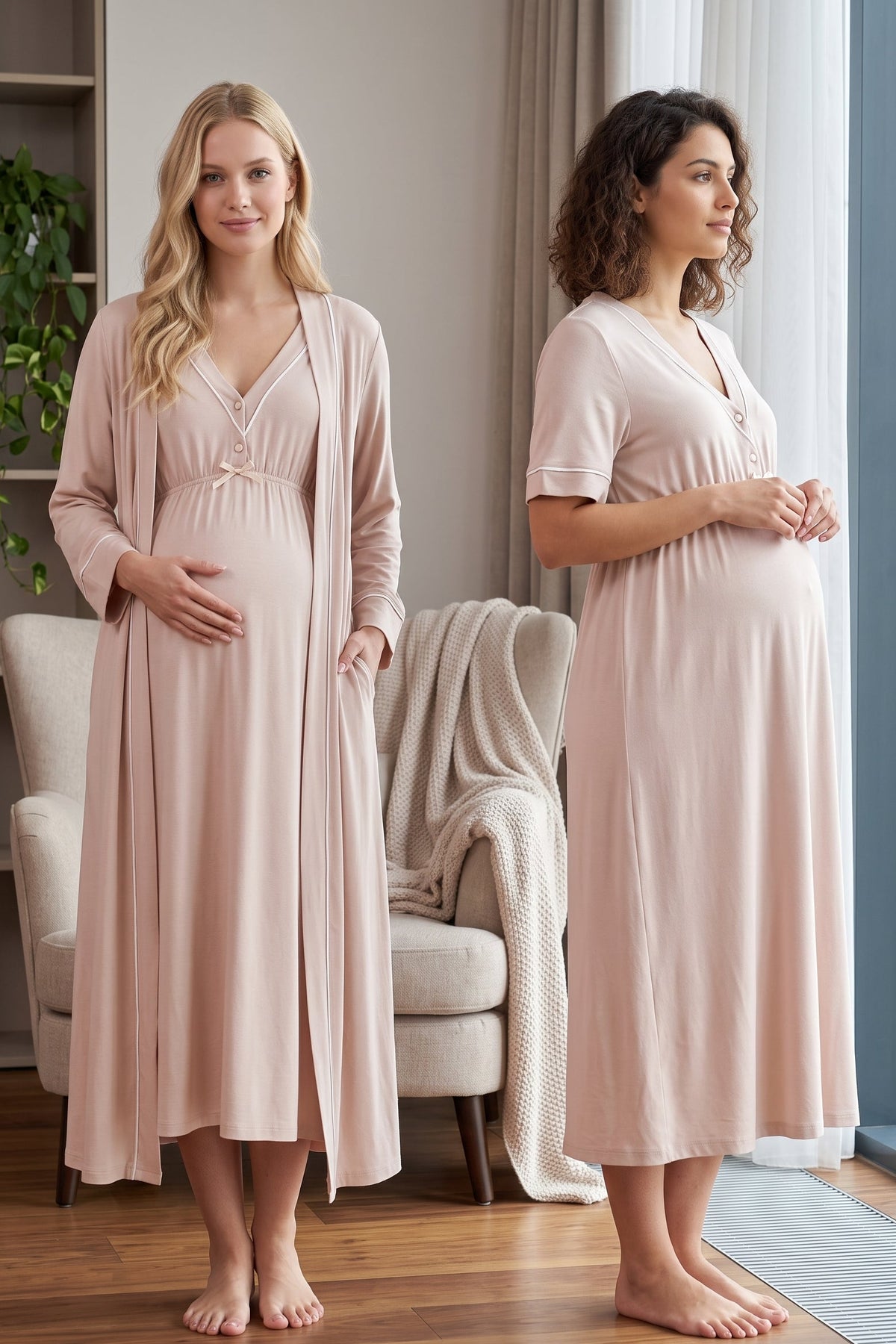 Piped V-Neck Maternity Feeding-Friendly Nightgown & Robe Set Beige - T5095