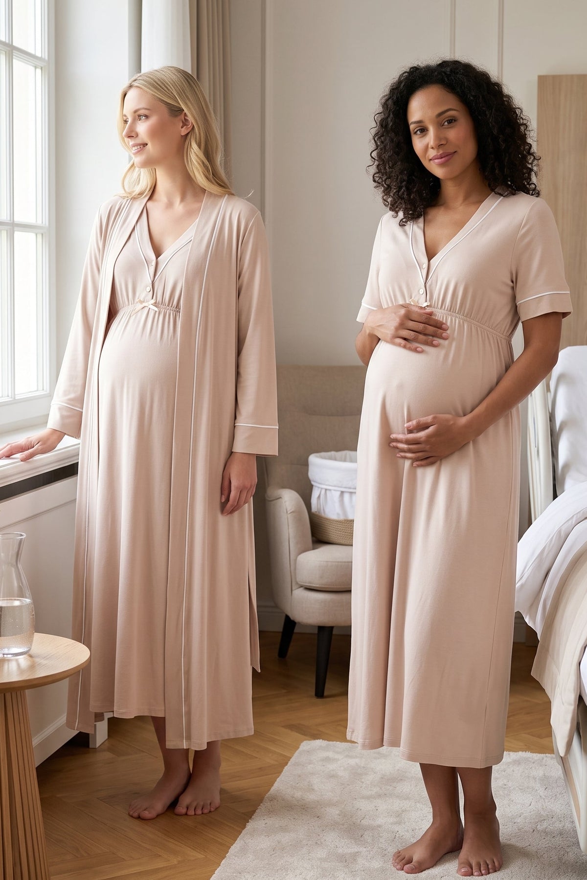 Piped V-Neck Maternity Feeding-Friendly Nightgown & Robe Set Beige - T5095