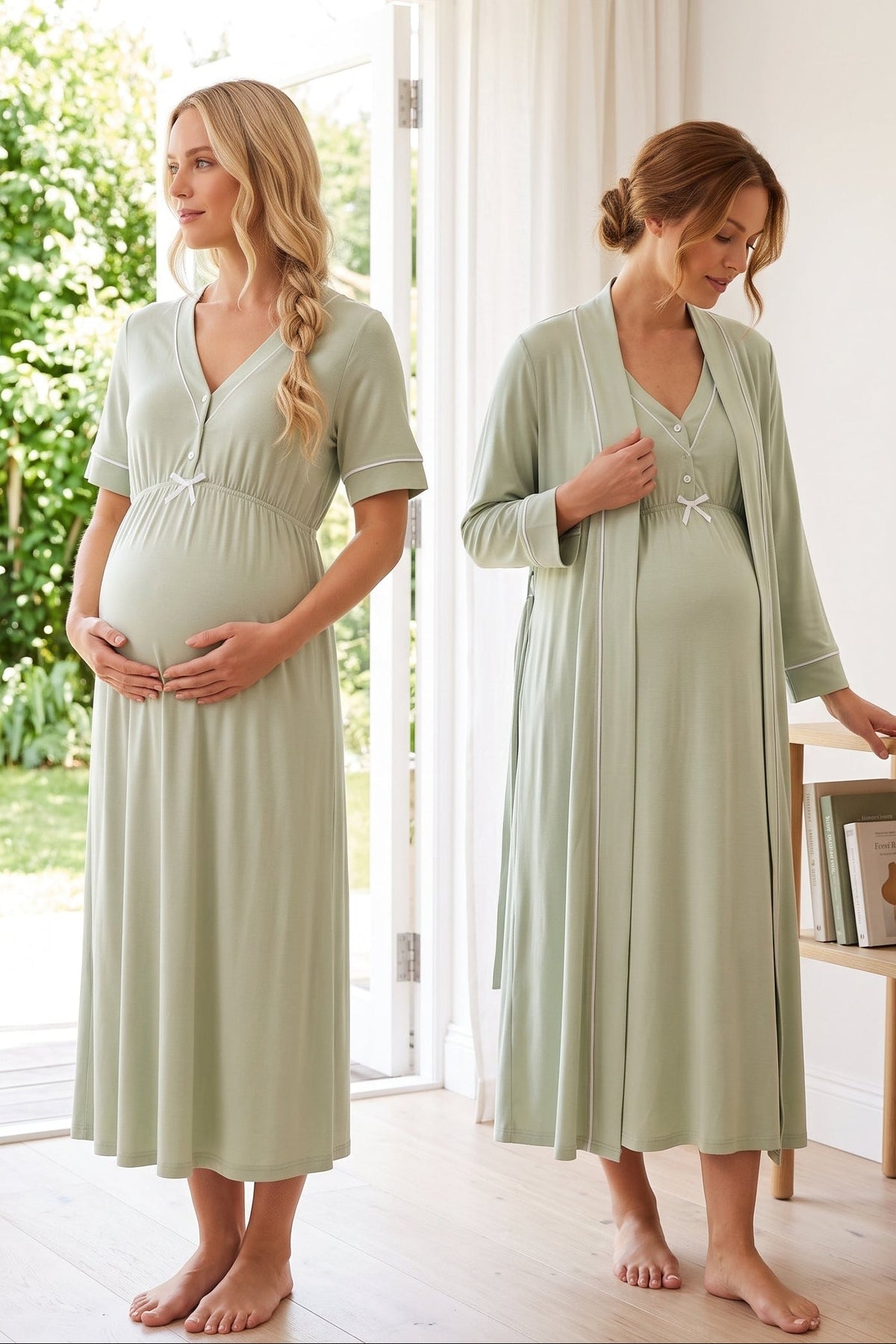 Piped V-Neck Maternity Feeding-Friendly Nightgown & Robe Set Green - T5095