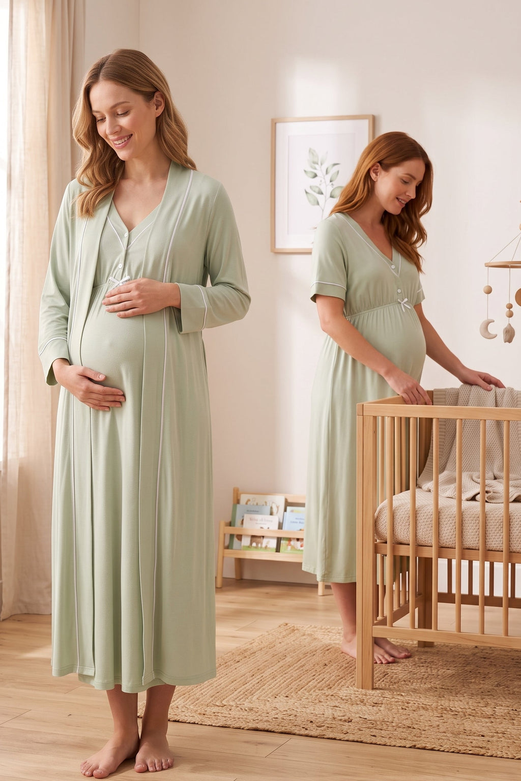 Piped V-Neck Maternity Feeding-Friendly Nightgown & Robe Set Green - T5095