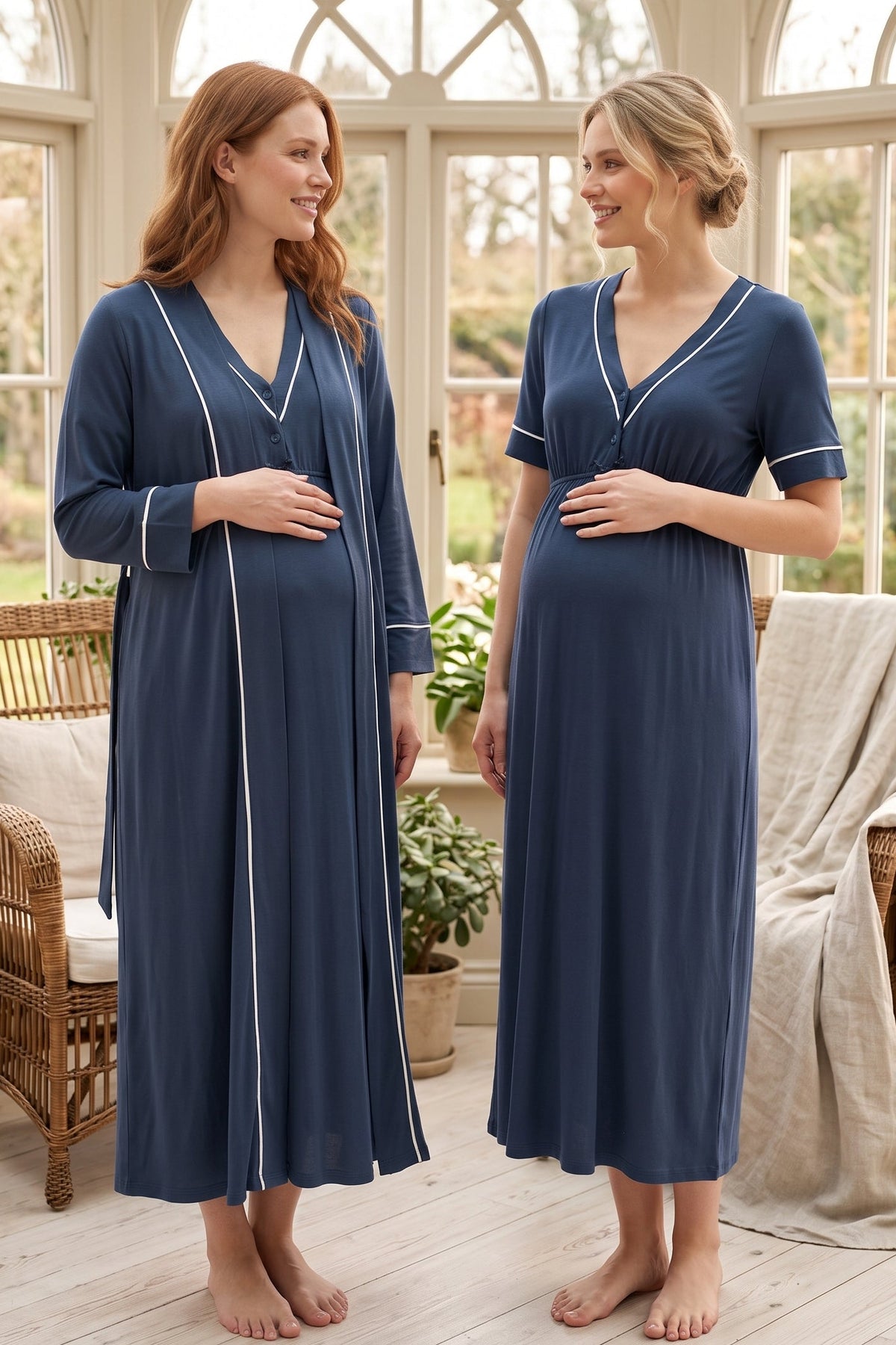 Piped V-Neck Maternity Feeding-Friendly Nightgown & Robe Set Indigo - T5095